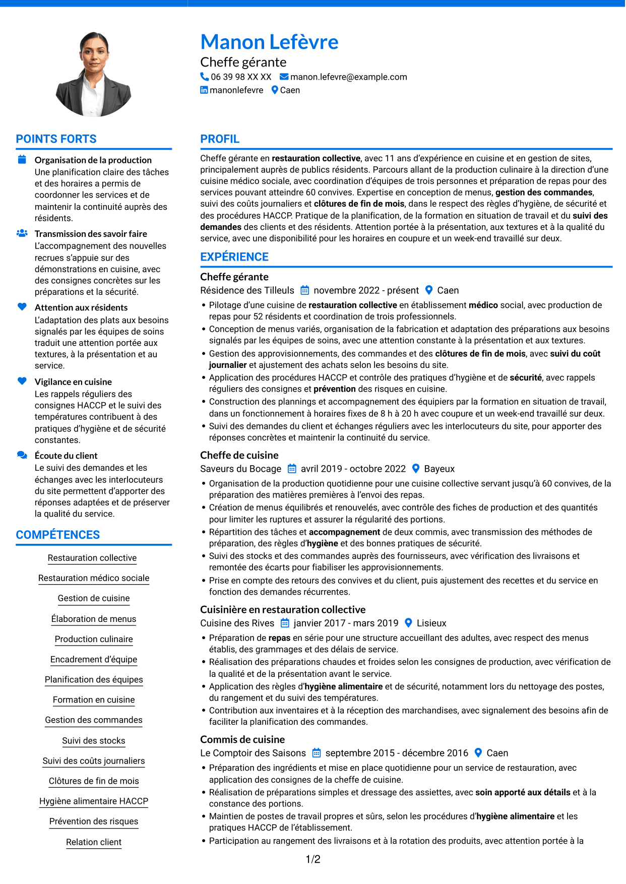 CV Audacieux (format à deux colonnes avec accents colorés et photo) : Chef gérant - Restauration médico-sociale, page 1