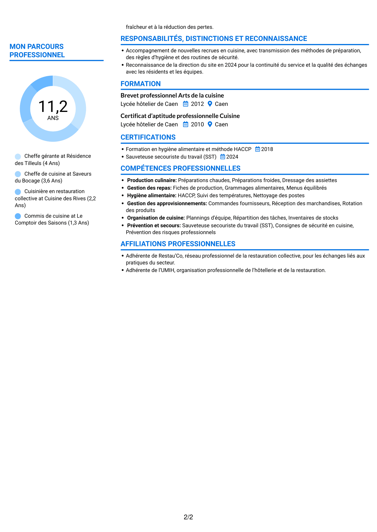 CV Audacieux (format à deux colonnes avec accents colorés et photo) : Chef gérant - Restauration médico-sociale, page 2
