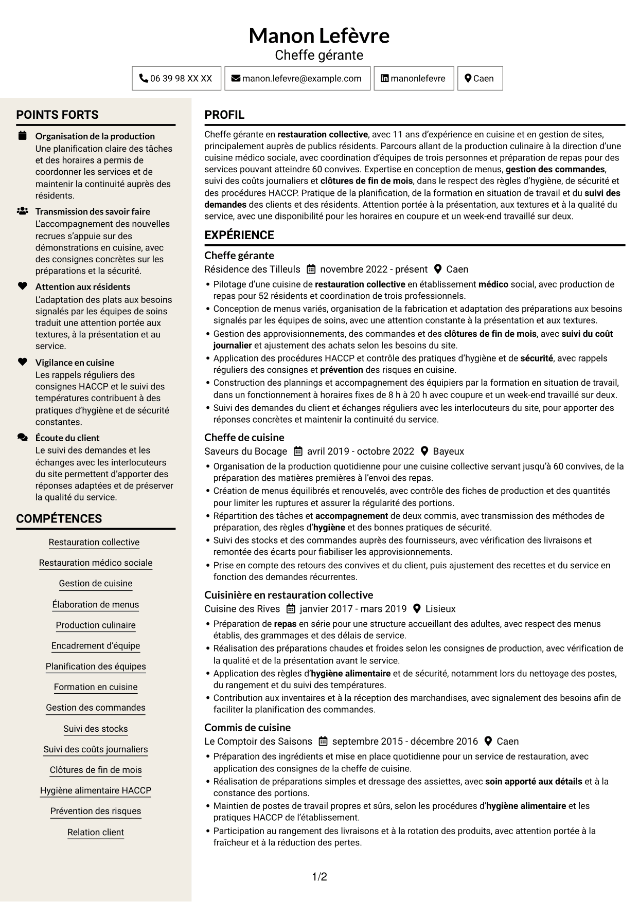 CV Fonceur (format à deux colonnes avec en-tête centré sans photo) : Chef gérant - Restauration médico-sociale, page 1