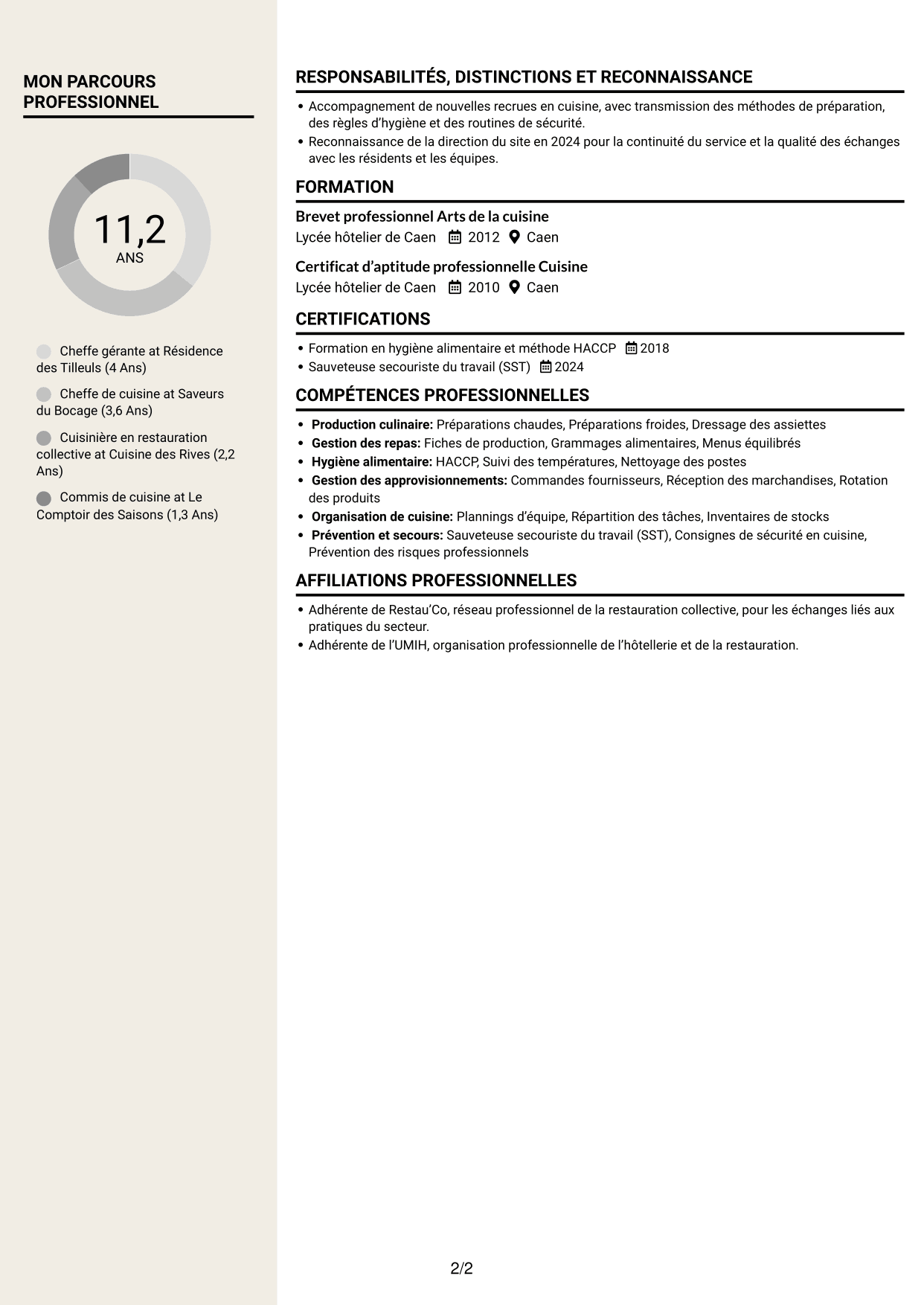 CV Fonceur (format à deux colonnes avec en-tête centré sans photo) : Chef gérant - Restauration médico-sociale, page 2