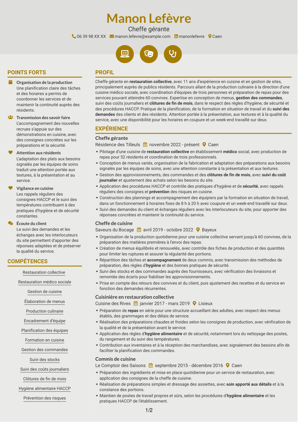 CV Dynamique (format à deux colonnes avec icônes) : Chef gérant - Restauration médico-sociale, page 1
