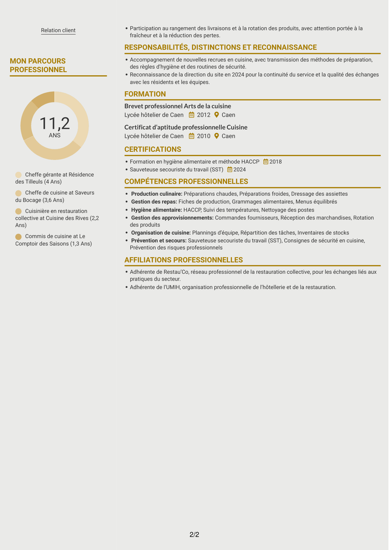 CV Dynamique (format à deux colonnes avec icônes) : Chef gérant - Restauration médico-sociale, page 2