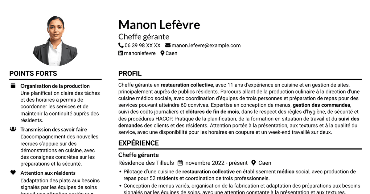 7 modèles de CV pour Chef gérant - Restauration médico-sociale, avec exemples