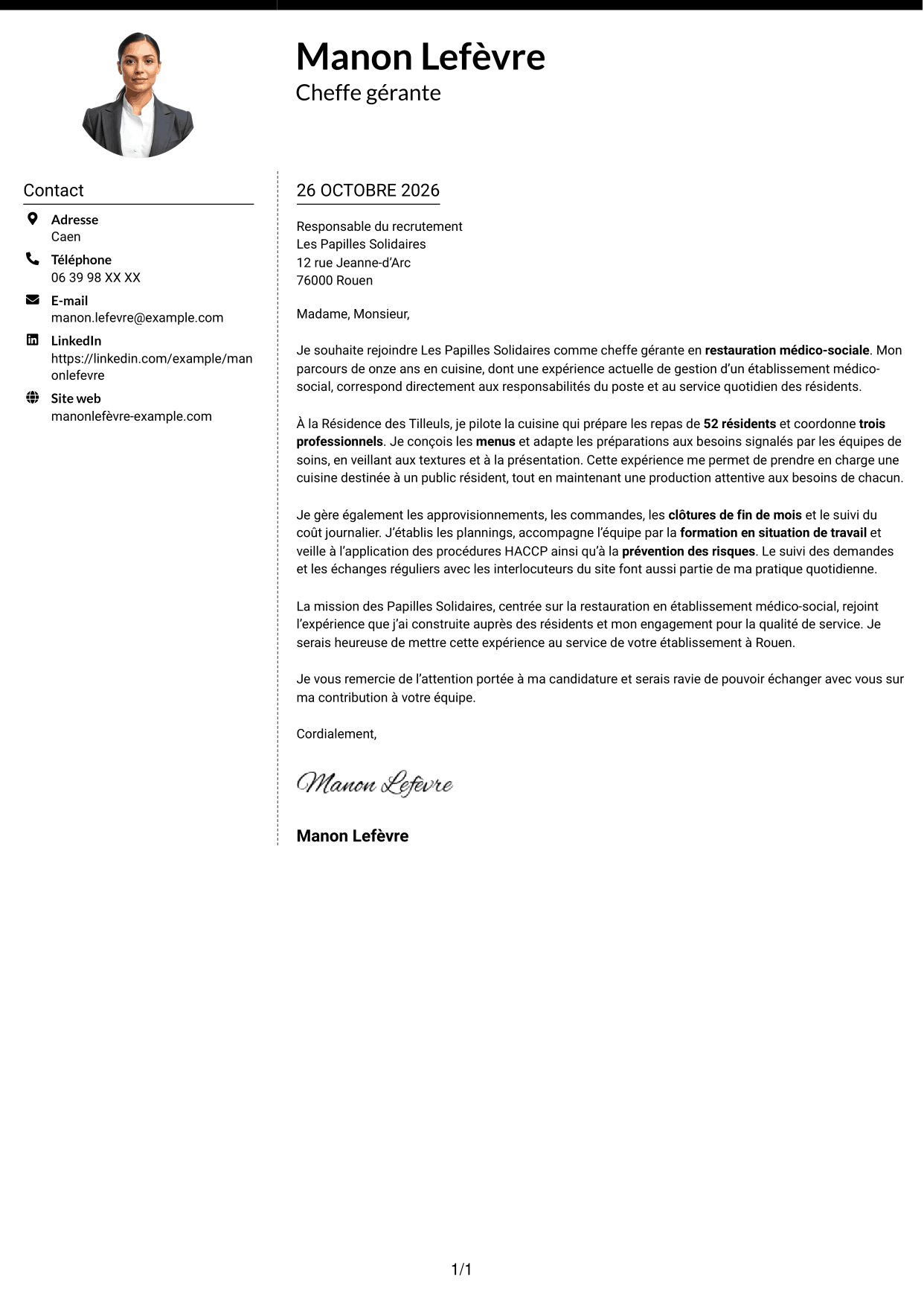 Lettre de motivation Moderne (format à deux colonnes avec photo à gauche et séparateur) : Chef gérant - Restauration médico-sociale, page 1