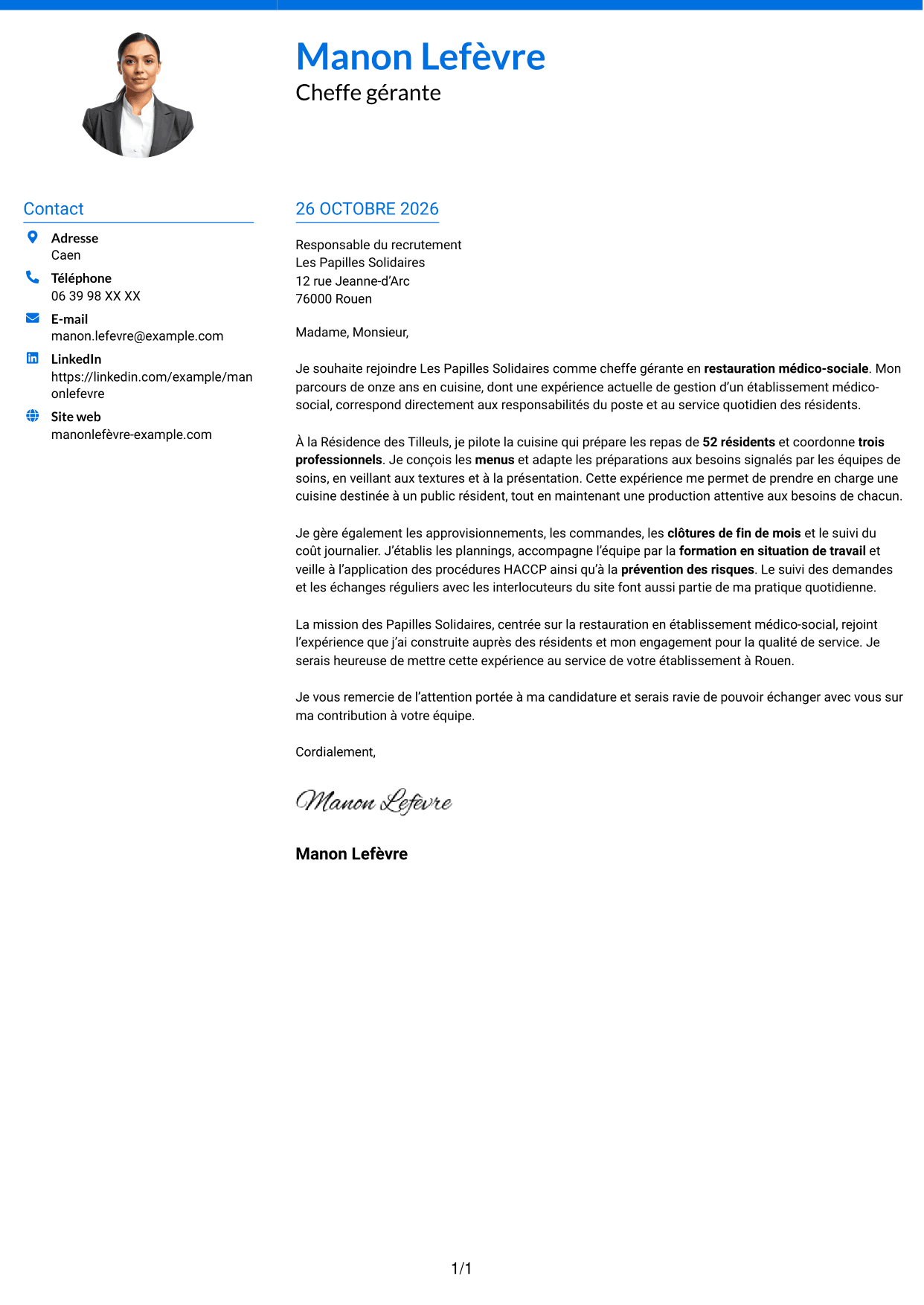 Lettre de motivation Audacieux (format à deux colonnes avec accents colorés et photo) : Chef gérant - Restauration médico-sociale, page 1