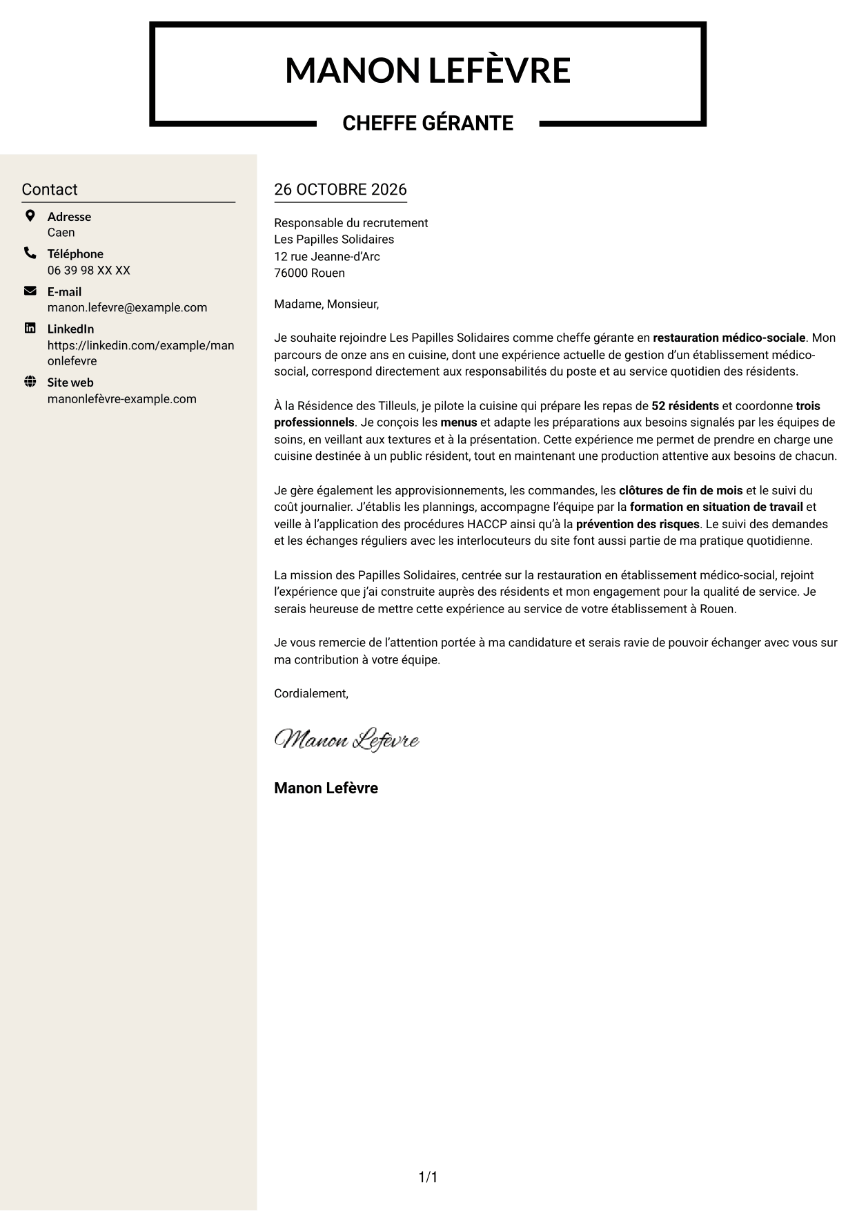 Lettre de motivation Fonceur (format à deux colonnes avec en-tête centré sans photo) : Chef gérant - Restauration médico-sociale, page 1