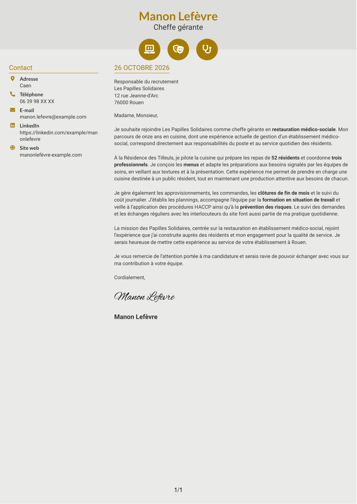 Lettre de motivation Dynamique (format à deux colonnes avec icônes) : Chef gérant - Restauration médico-sociale, page 1