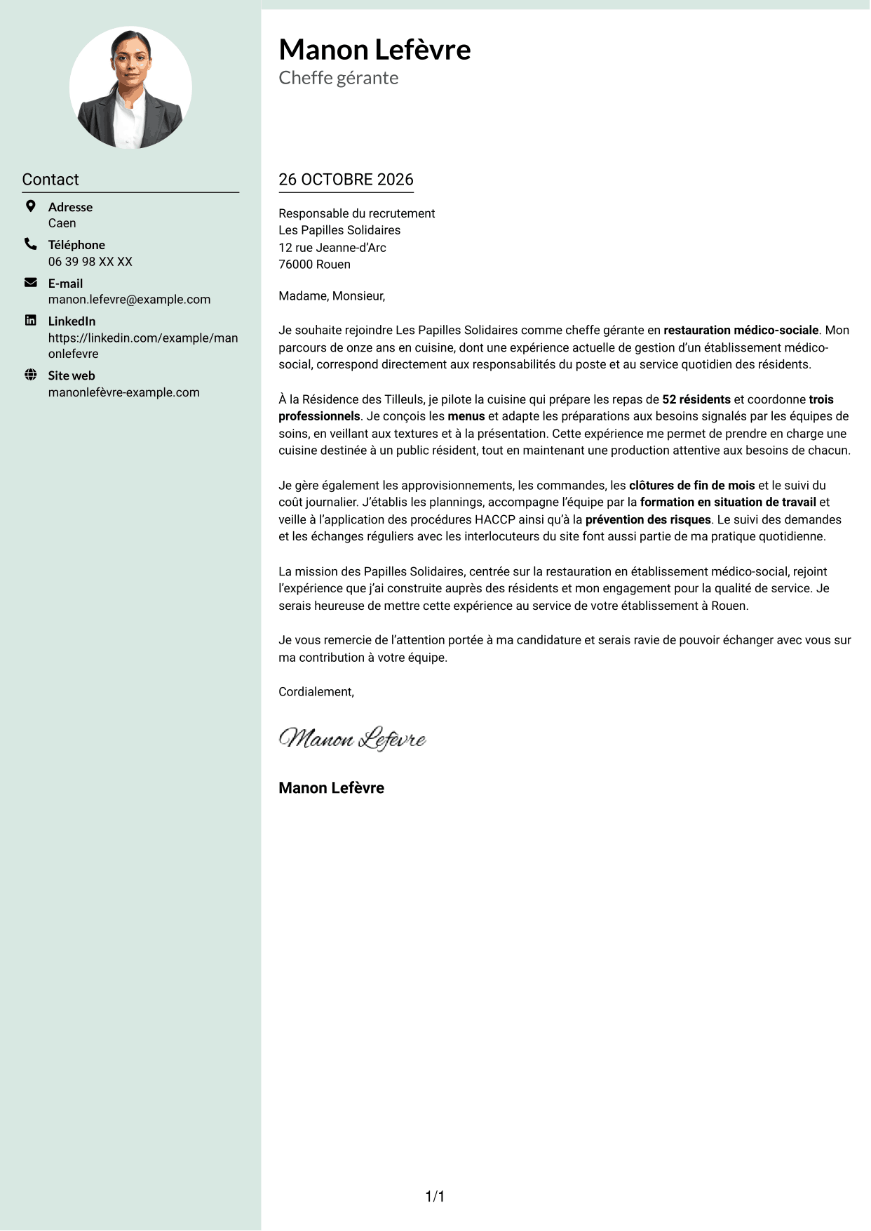 Lettre de motivation Cadre (format à colonne latérale douce avec photo arrondie) : Chef gérant - Restauration médico-sociale, page 1