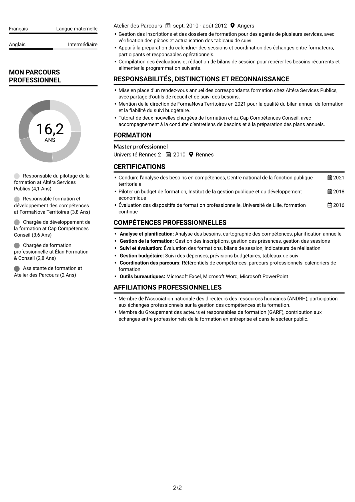 CV Compact (format sobre à deux colonnes avec photo) : Cheffe de section - Pilotage des formations, page 2