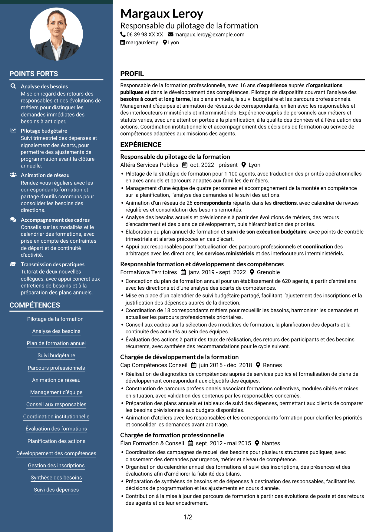 CV Élégant (format à colonne latérale colorée avec photo) : Cheffe de section - Pilotage des formations, page 1