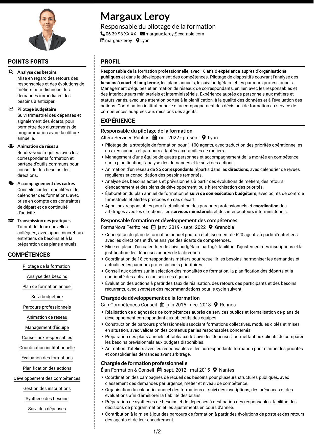 CV Moderne (format à deux colonnes avec photo à gauche et séparateur) : Cheffe de section - Pilotage des formations, page 1