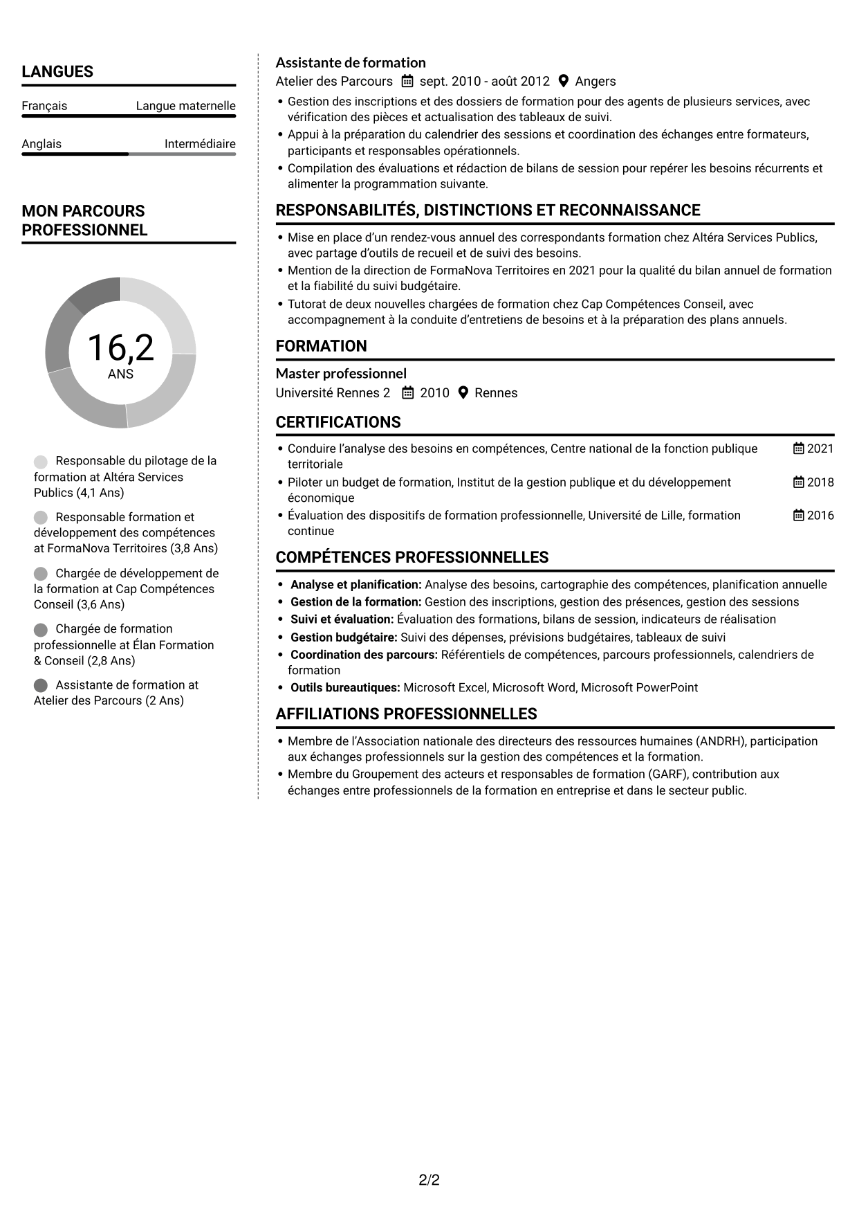 CV Moderne (format à deux colonnes avec photo à gauche et séparateur) : Cheffe de section - Pilotage des formations, page 2