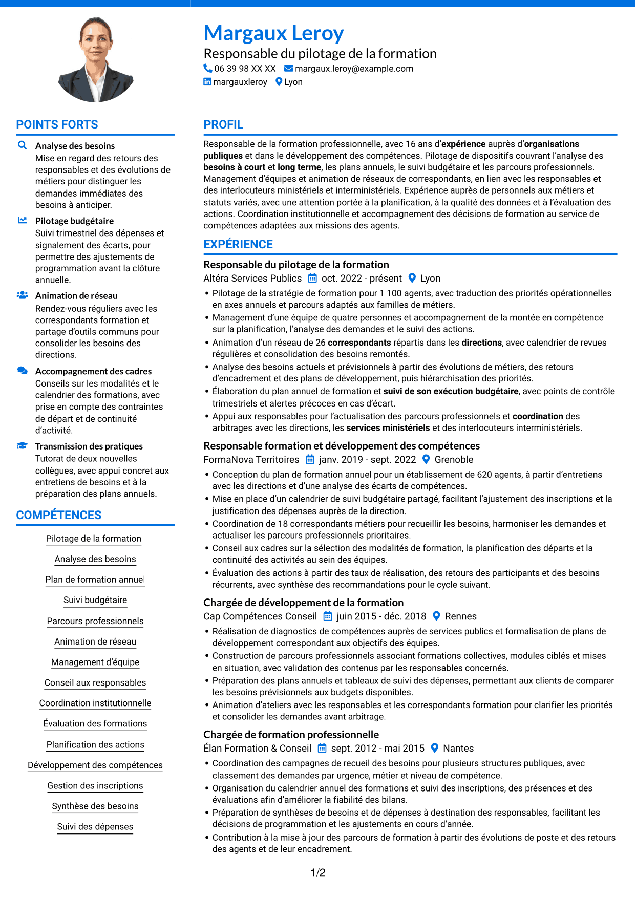 CV Audacieux (format à deux colonnes avec accents colorés et photo) : Cheffe de section - Pilotage des formations, page 1