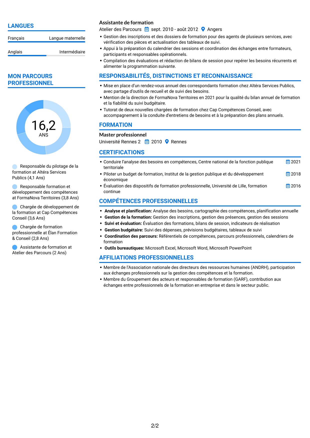 CV Audacieux (format à deux colonnes avec accents colorés et photo) : Cheffe de section - Pilotage des formations, page 2