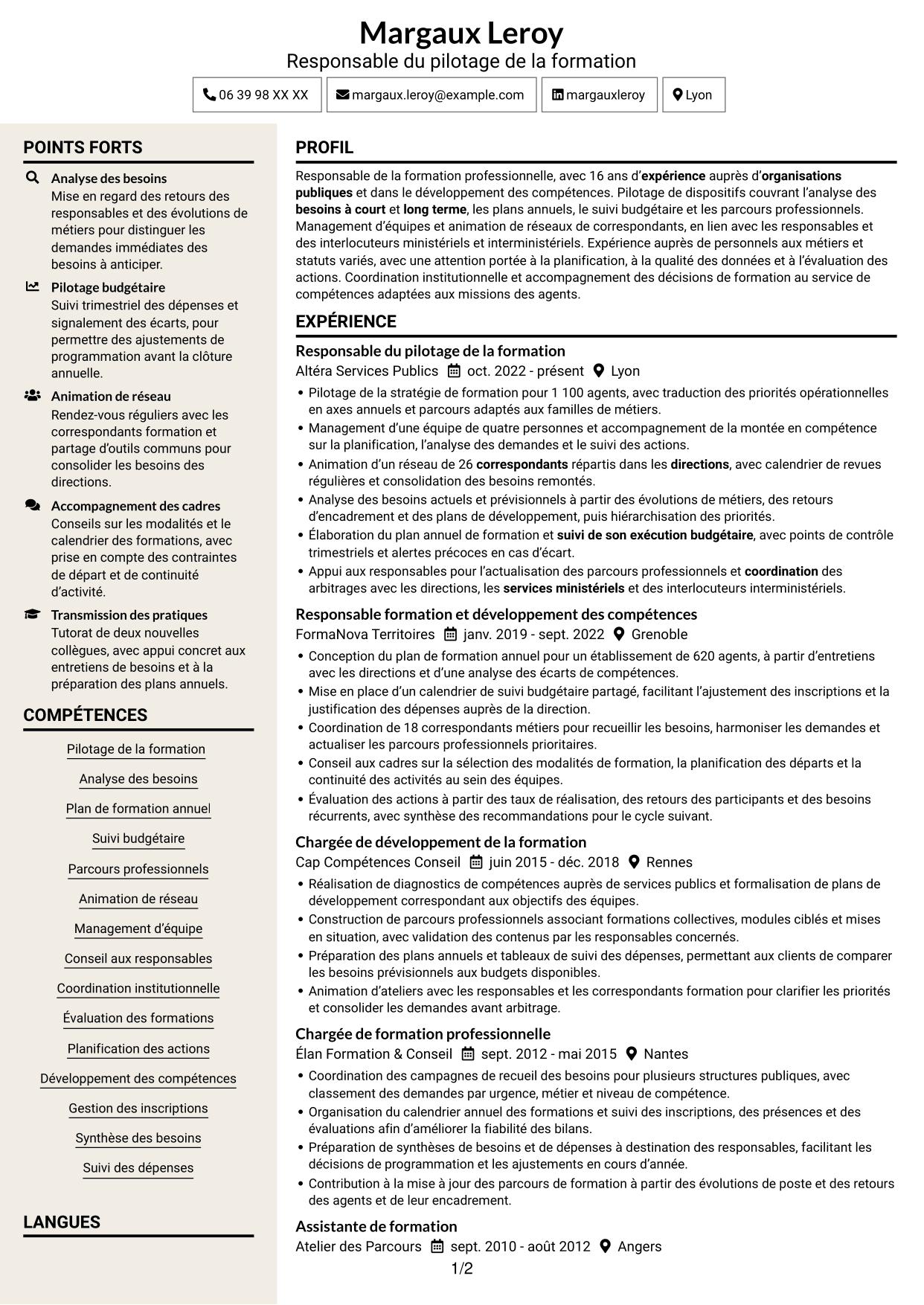 CV Fonceur (format à deux colonnes avec en-tête centré sans photo) : Cheffe de section - Pilotage des formations, page 1
