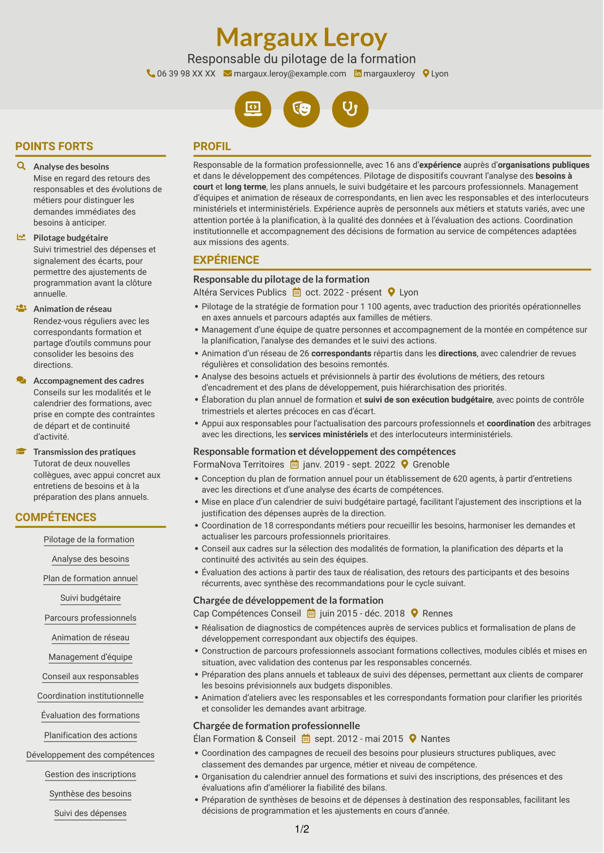 CV Dynamique (format à deux colonnes avec icônes) : Cheffe de section - Pilotage des formations, page 1