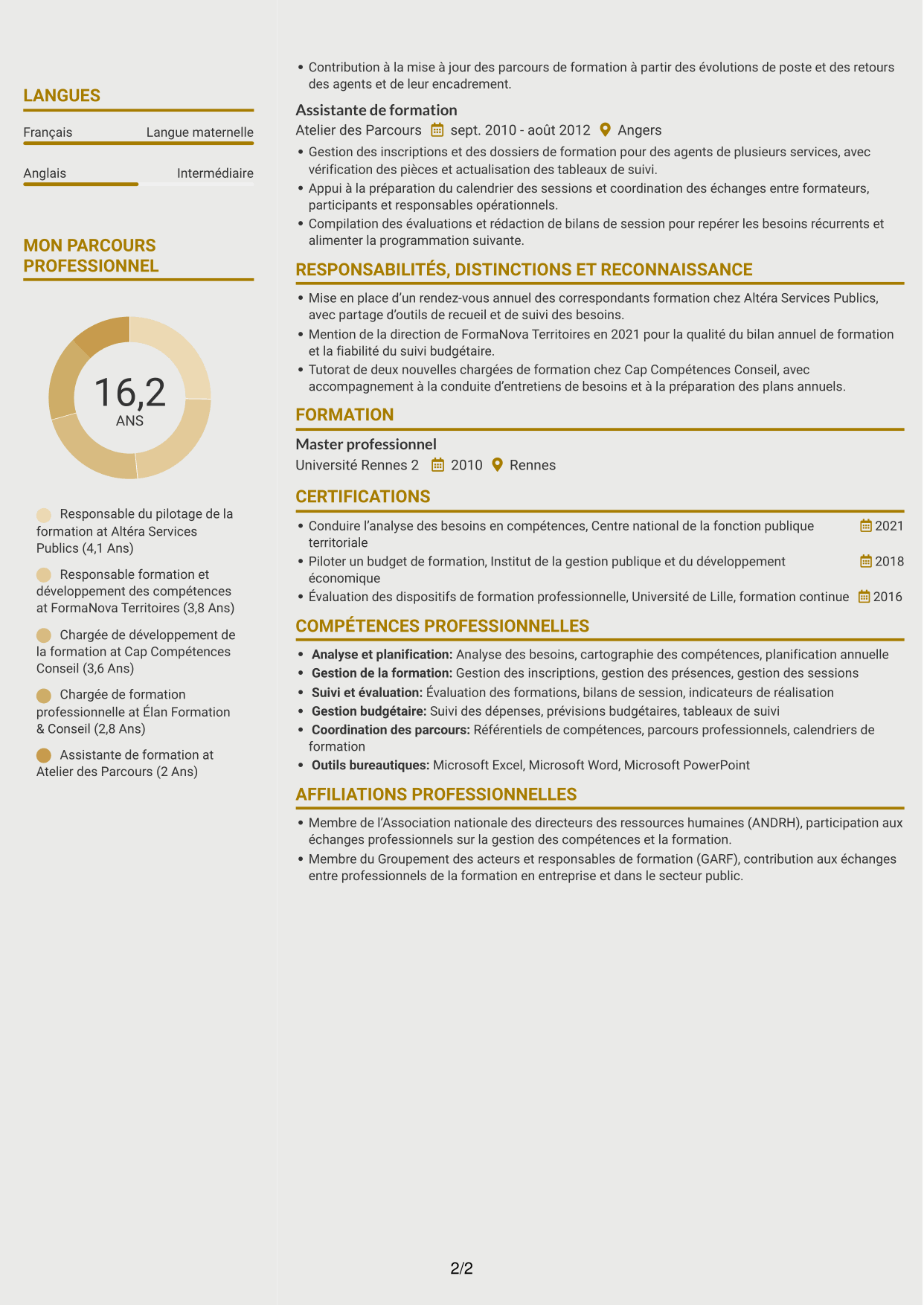 CV Dynamique (format à deux colonnes avec icônes) : Cheffe de section - Pilotage des formations, page 2