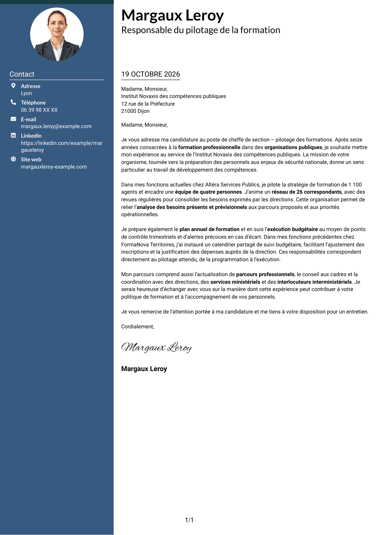Lettre de motivation Élégant (format à colonne latérale colorée avec photo) : Cheffe de section - Pilotage des formations, page 1