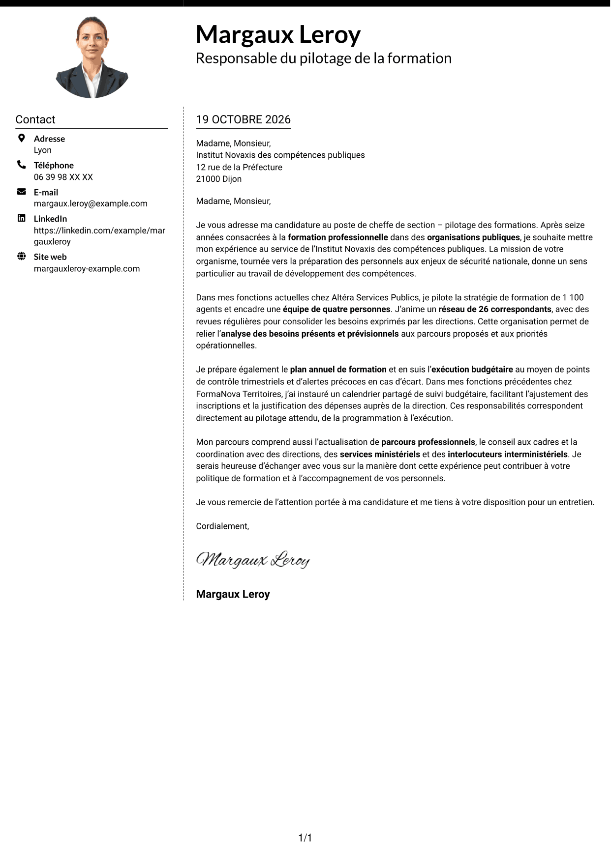 Lettre de motivation Moderne (format à deux colonnes avec photo à gauche et séparateur) : Cheffe de section - Pilotage des formations, page 1