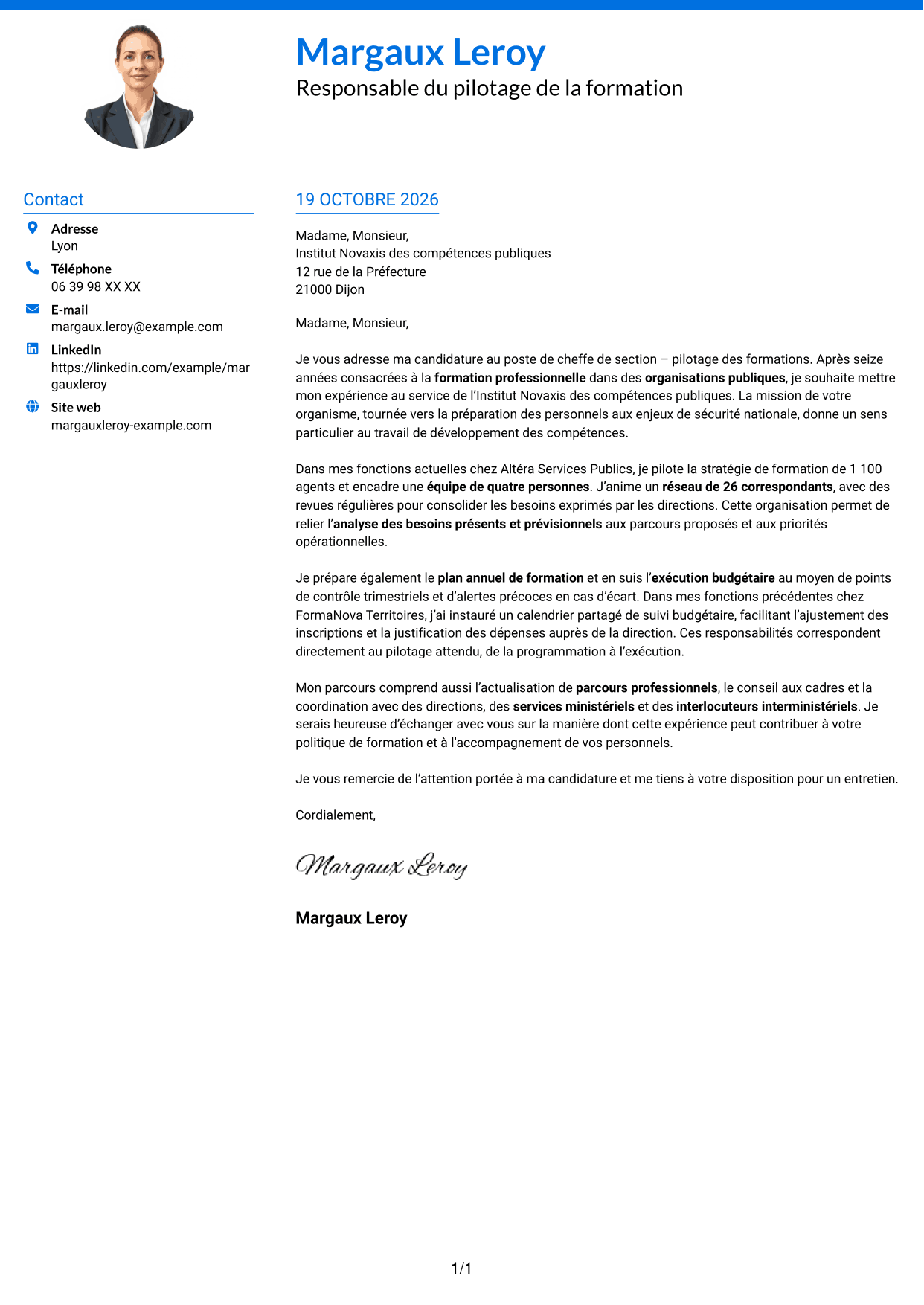 Lettre de motivation Audacieux (format à deux colonnes avec accents colorés et photo) : Cheffe de section - Pilotage des formations, page 1