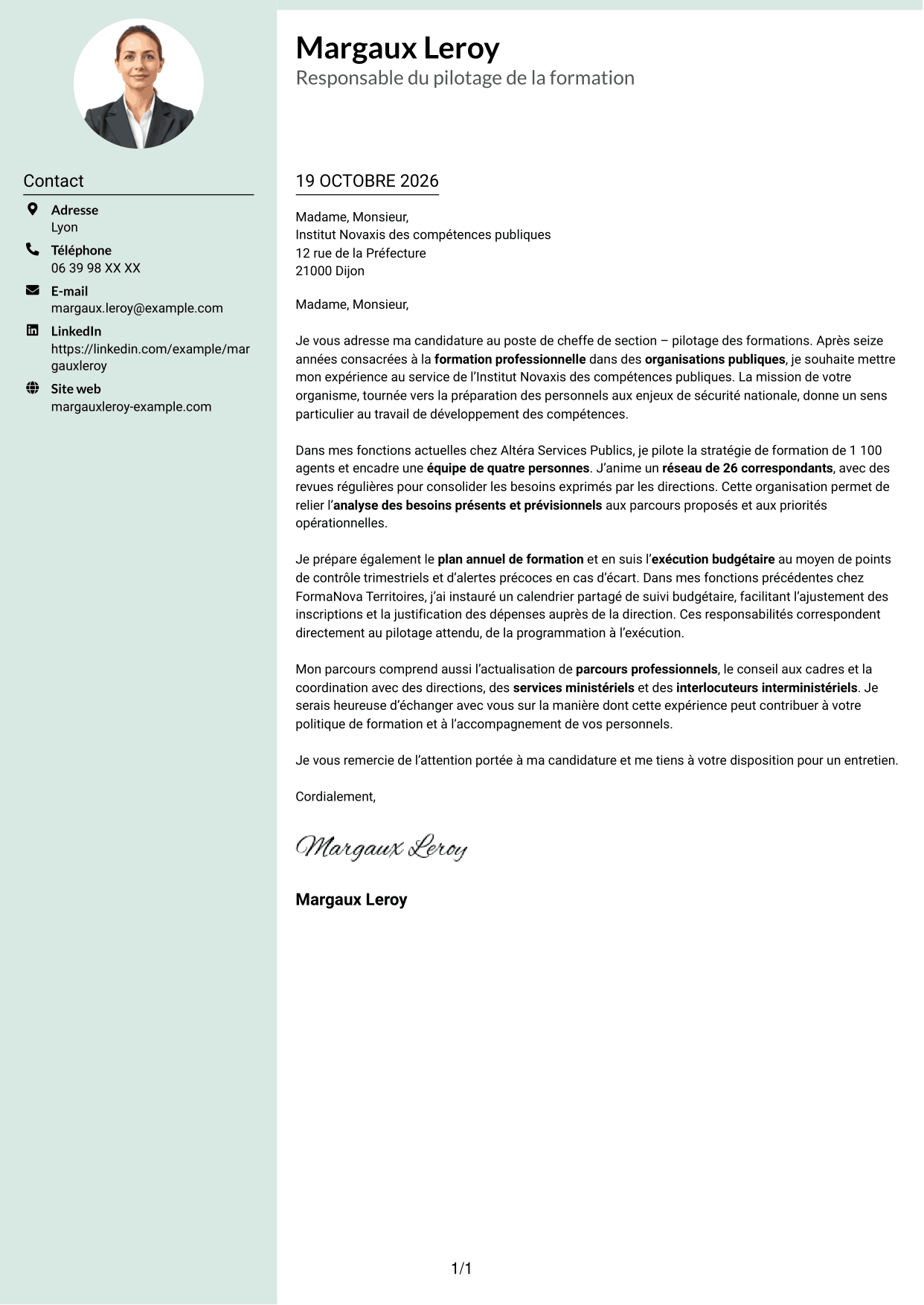 Lettre de motivation Cadre (format à colonne latérale douce avec photo arrondie) : Cheffe de section - Pilotage des formations, page 1