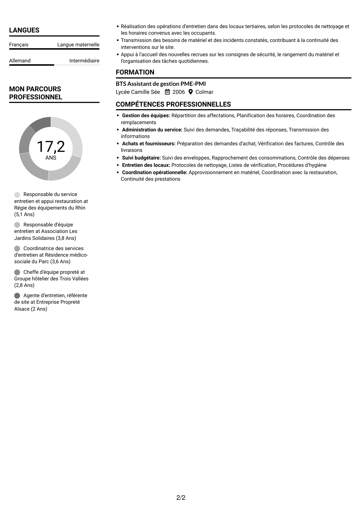 CV Compact (format sobre à deux colonnes avec photo) : Cheffe de service - Entretien et restauration, page 2