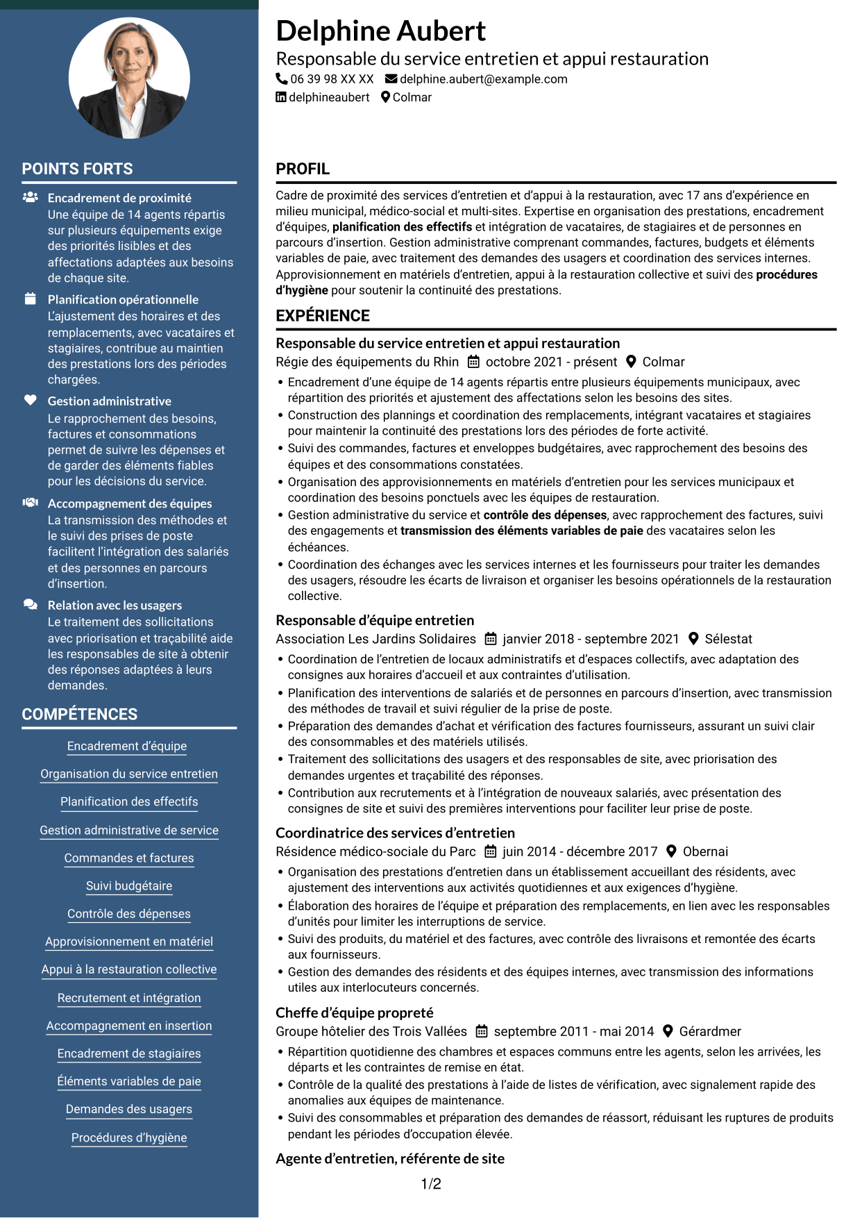 CV Élégant (format à colonne latérale colorée avec photo) : Cheffe de service - Entretien et restauration, page 1