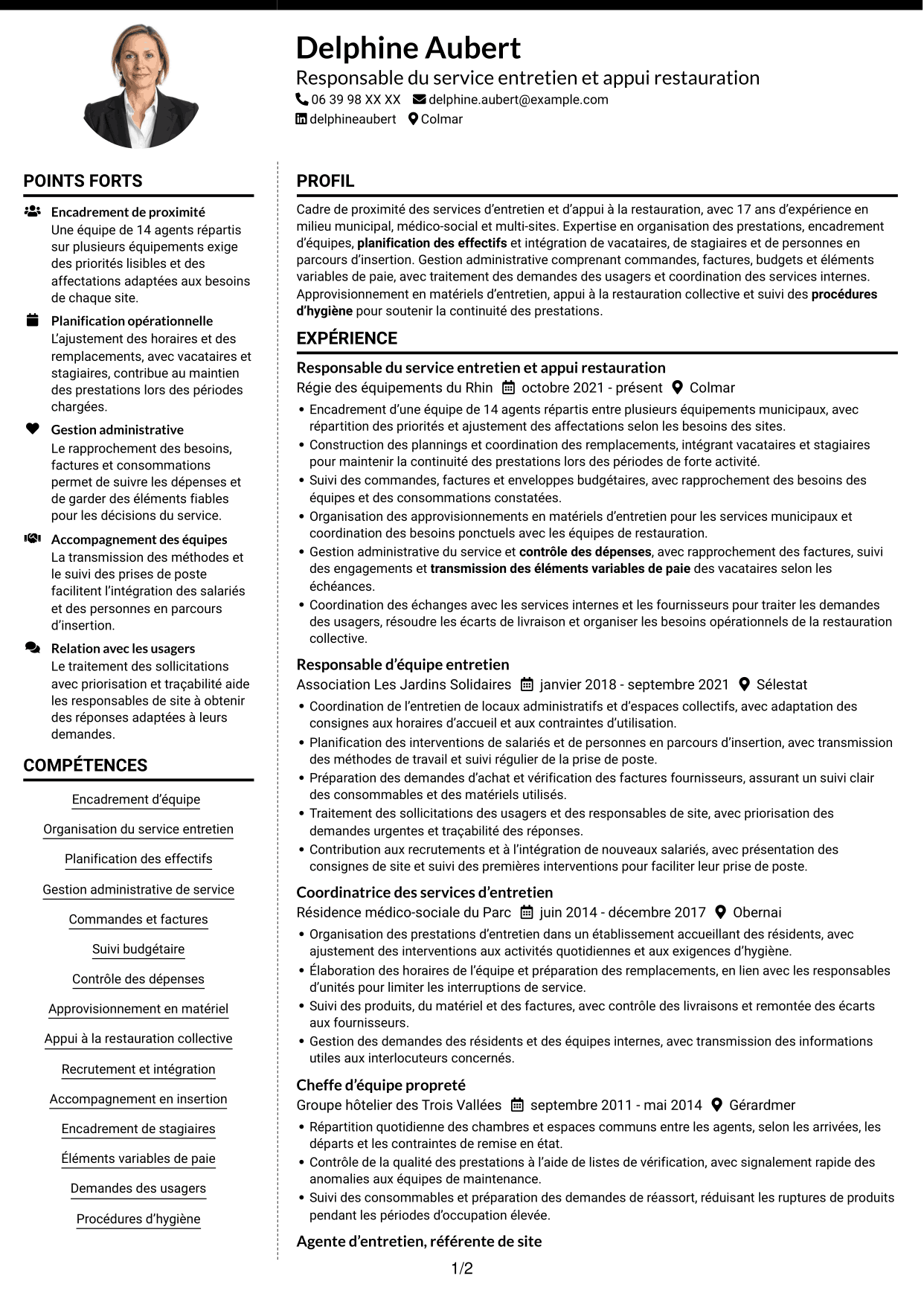 CV Moderne (format à deux colonnes avec photo à gauche et séparateur) : Cheffe de service - Entretien et restauration, page 1