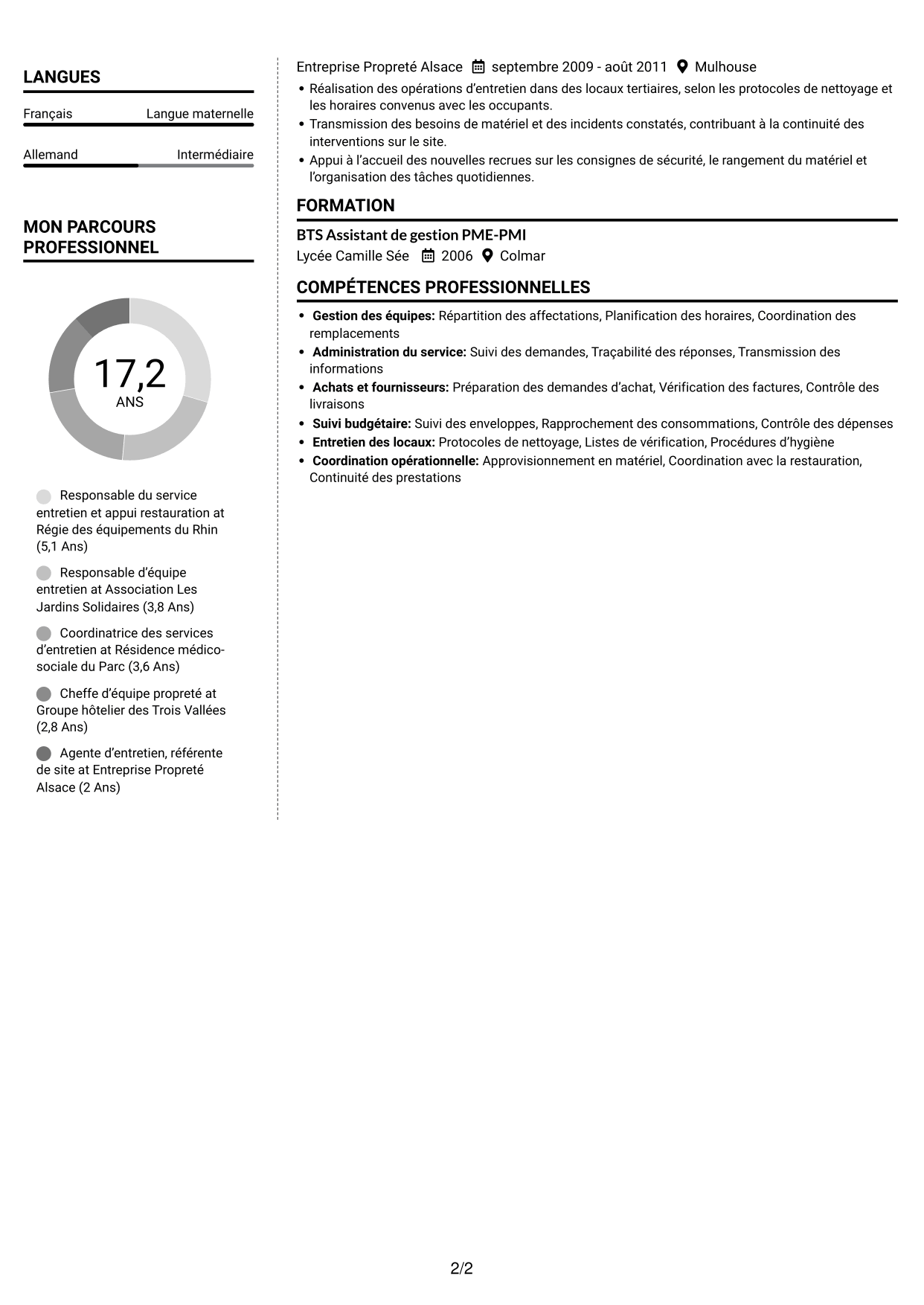 CV Moderne (format à deux colonnes avec photo à gauche et séparateur) : Cheffe de service - Entretien et restauration, page 2