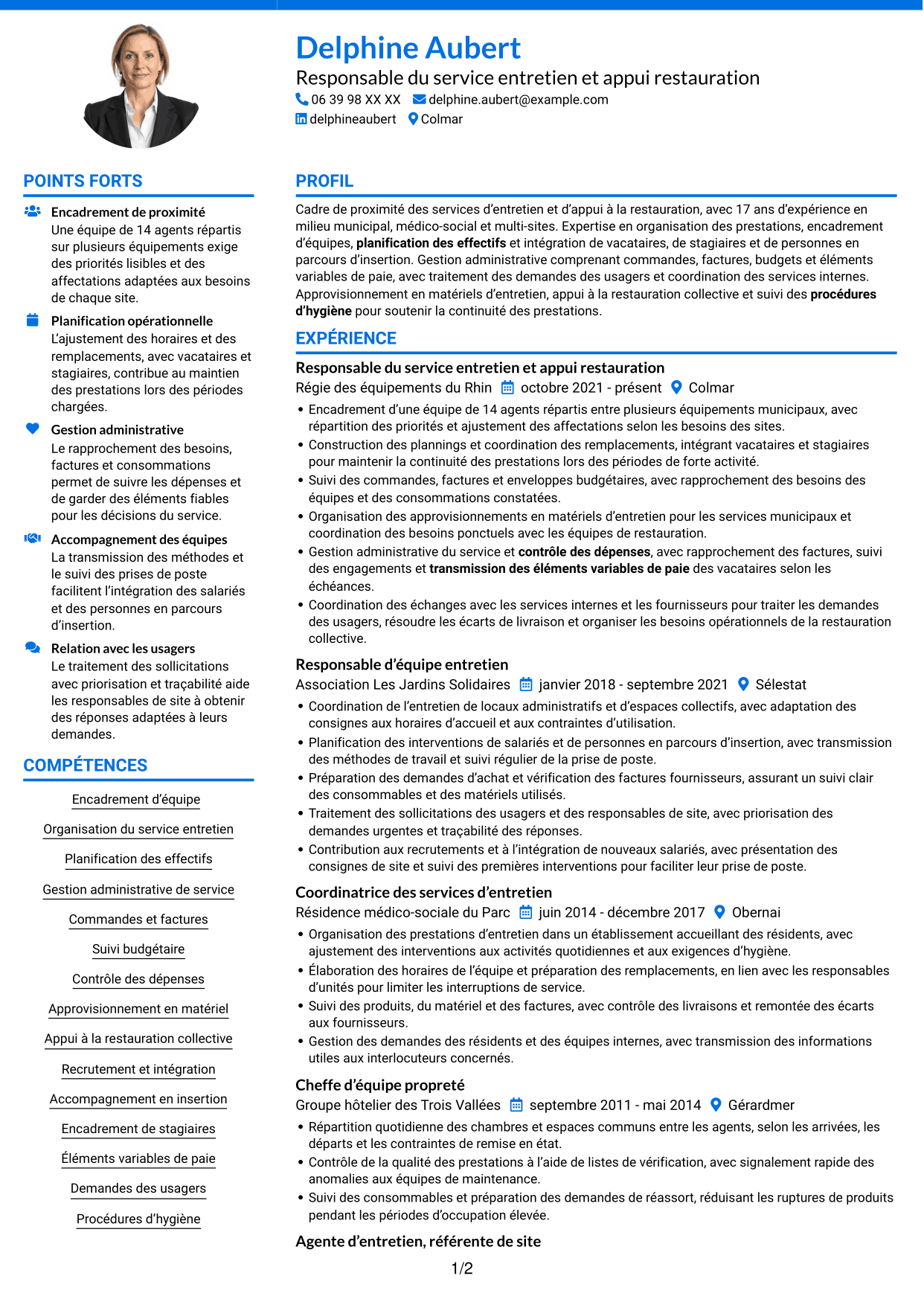CV Audacieux (format à deux colonnes avec accents colorés et photo) : Cheffe de service - Entretien et restauration, page 1