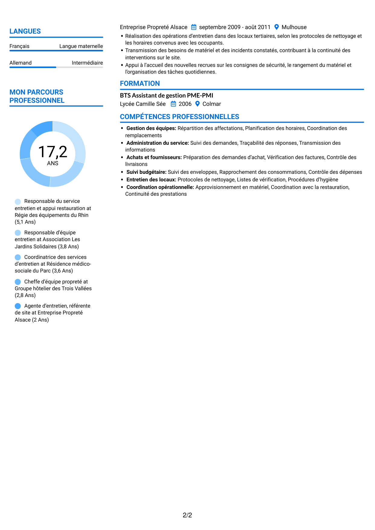 CV Audacieux (format à deux colonnes avec accents colorés et photo) : Cheffe de service - Entretien et restauration, page 2