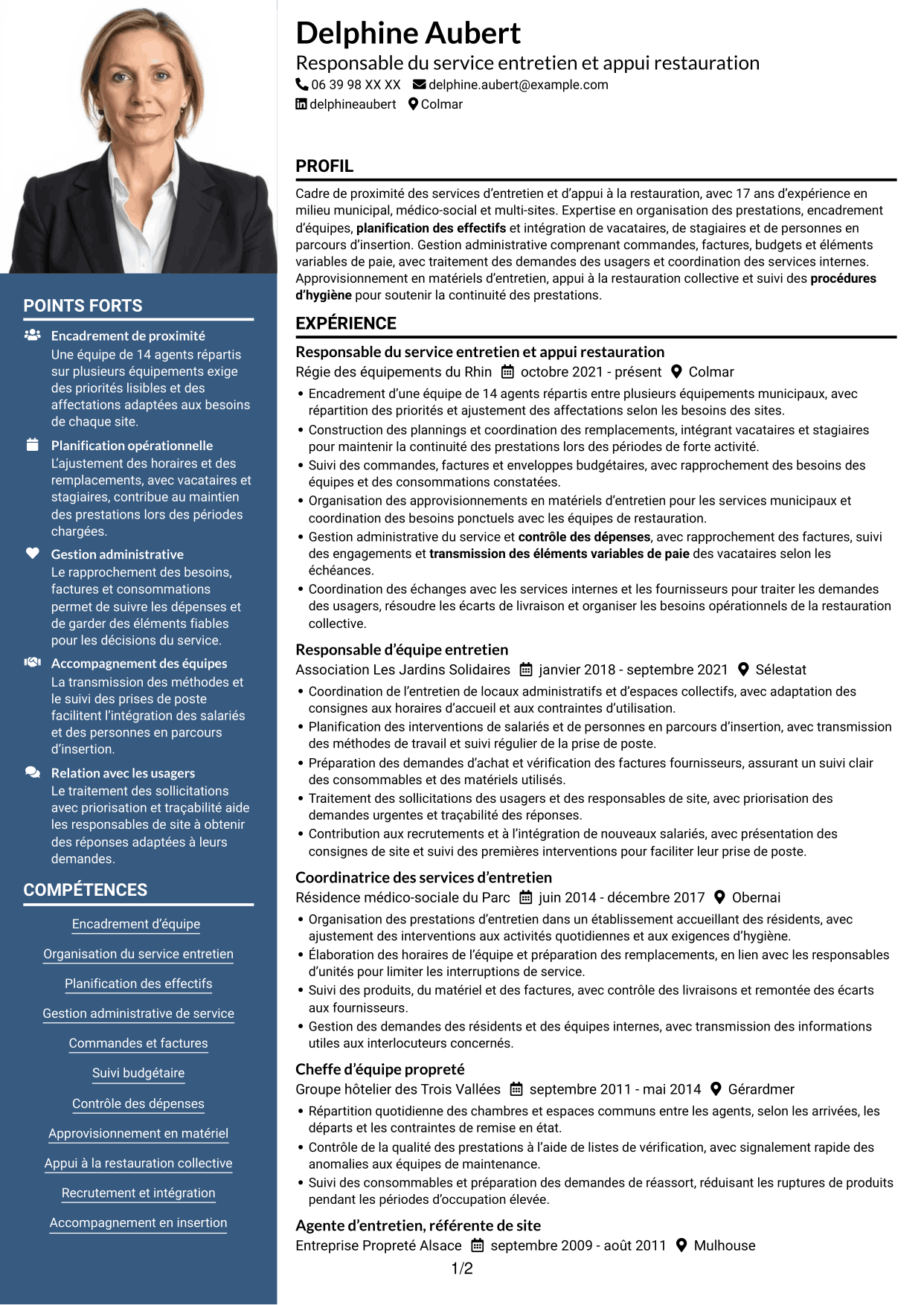 CV Signature (format à colonne latérale colorée avec grande photo) : Cheffe de service - Entretien et restauration, page 1