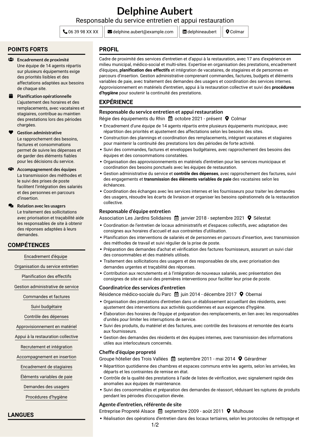CV Fonceur (format à deux colonnes avec en-tête centré sans photo) : Cheffe de service - Entretien et restauration, page 1