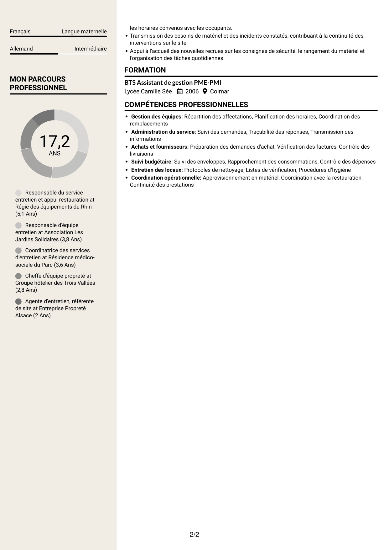 CV Fonceur (format à deux colonnes avec en-tête centré sans photo) : Cheffe de service - Entretien et restauration, page 2