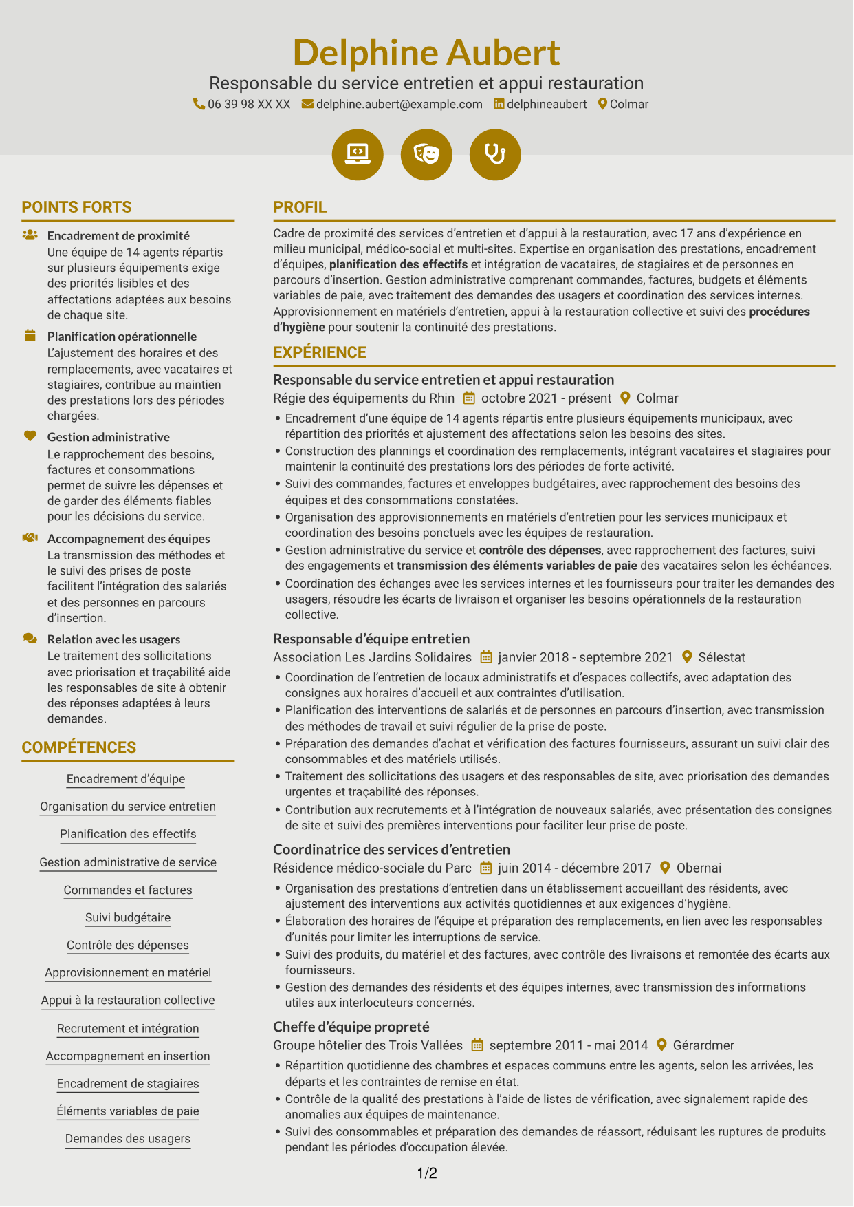 CV Dynamique (format à deux colonnes avec icônes) : Cheffe de service - Entretien et restauration, page 1