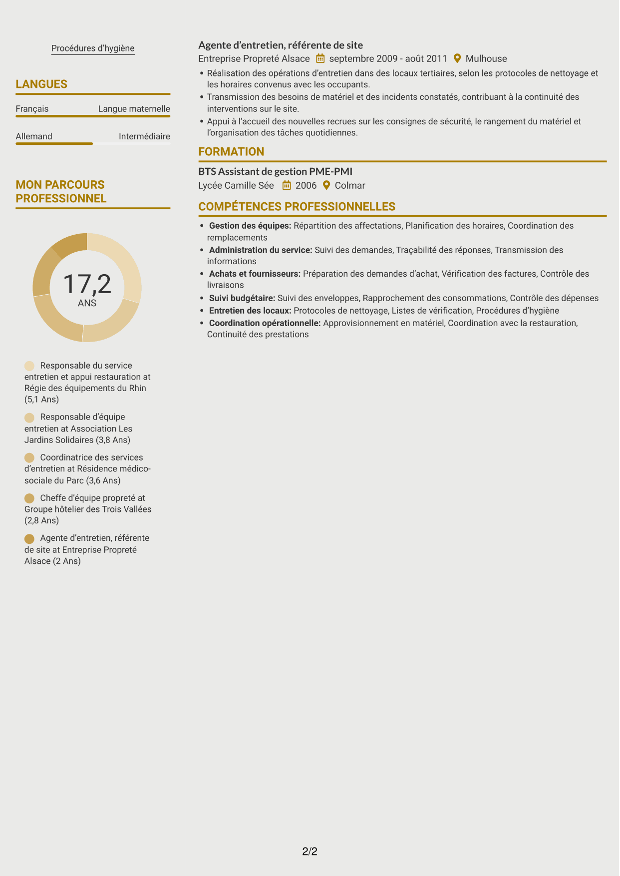 CV Dynamique (format à deux colonnes avec icônes) : Cheffe de service - Entretien et restauration, page 2