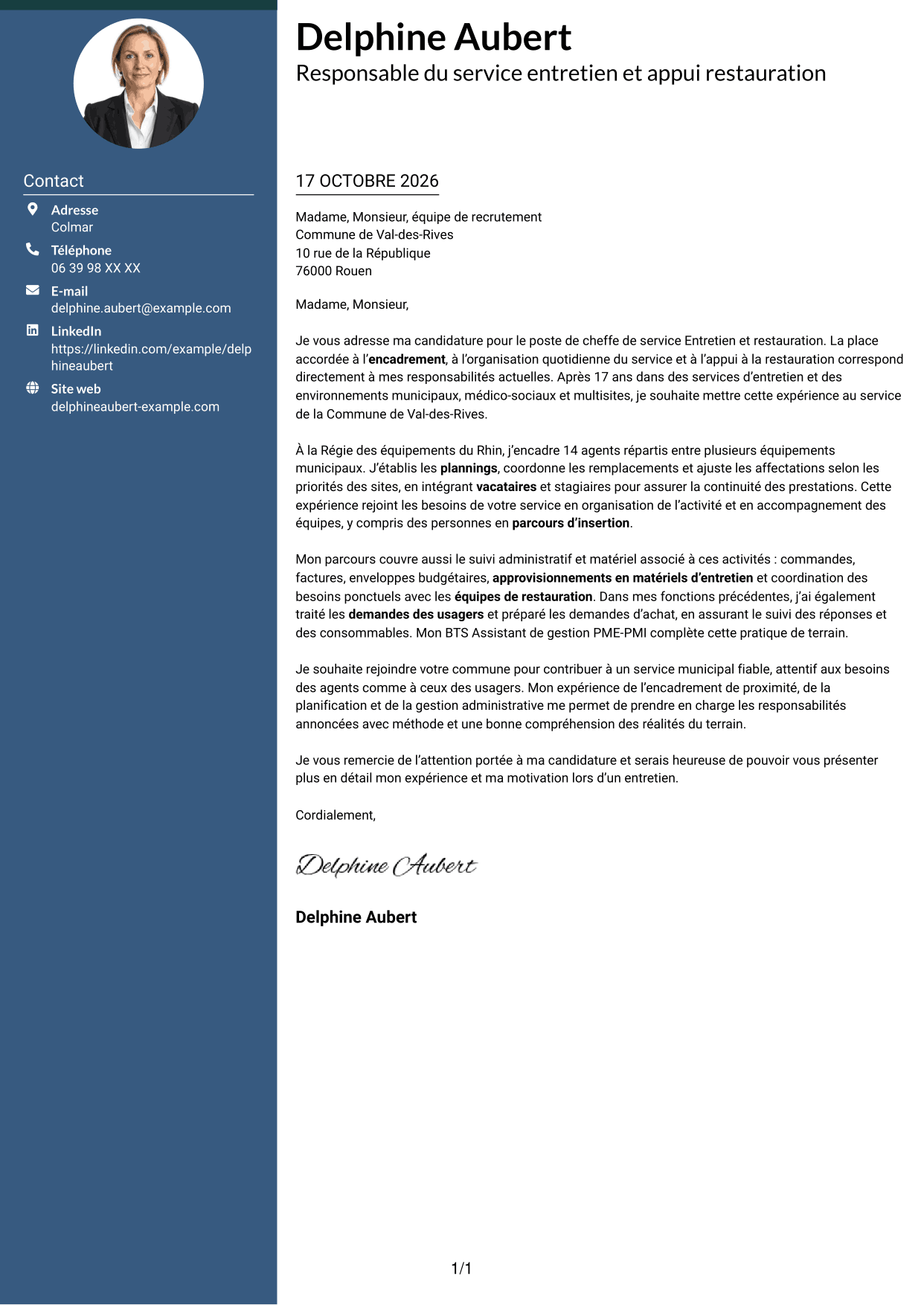 Lettre de motivation Élégant (format à colonne latérale colorée avec photo) : Cheffe de service - Entretien et restauration, page 1