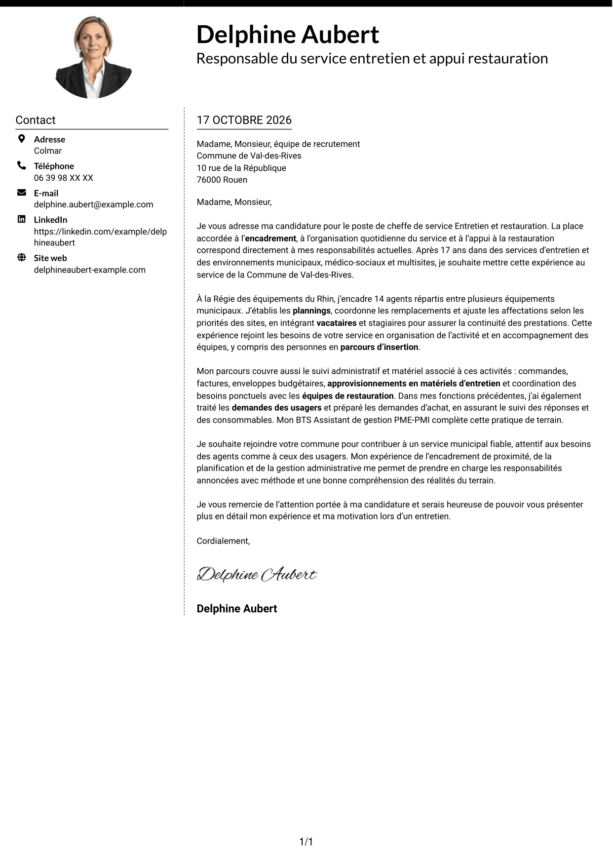 Lettre de motivation Moderne (format à deux colonnes avec photo à gauche et séparateur) : Cheffe de service - Entretien et restauration, page 1