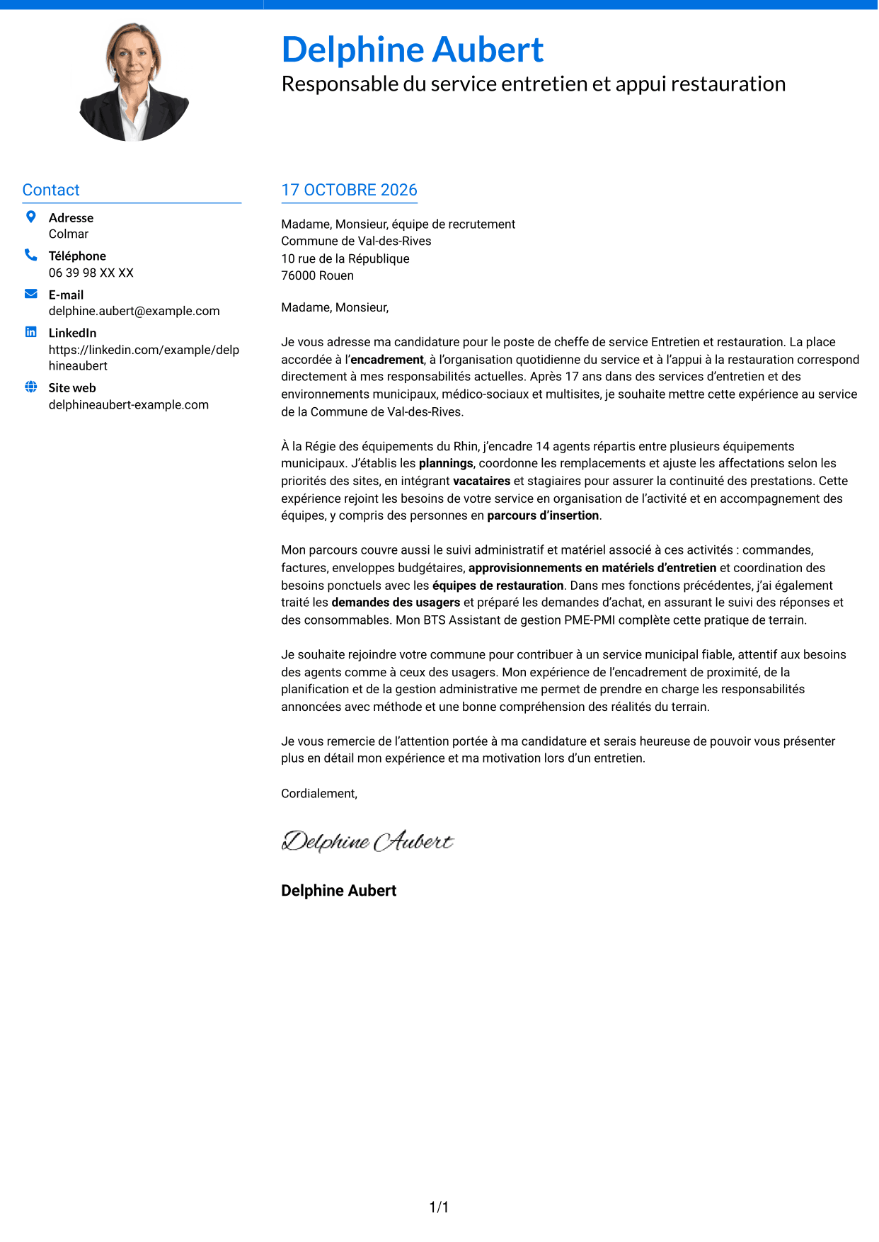 Lettre de motivation Audacieux (format à deux colonnes avec accents colorés et photo) : Cheffe de service - Entretien et restauration, page 1
