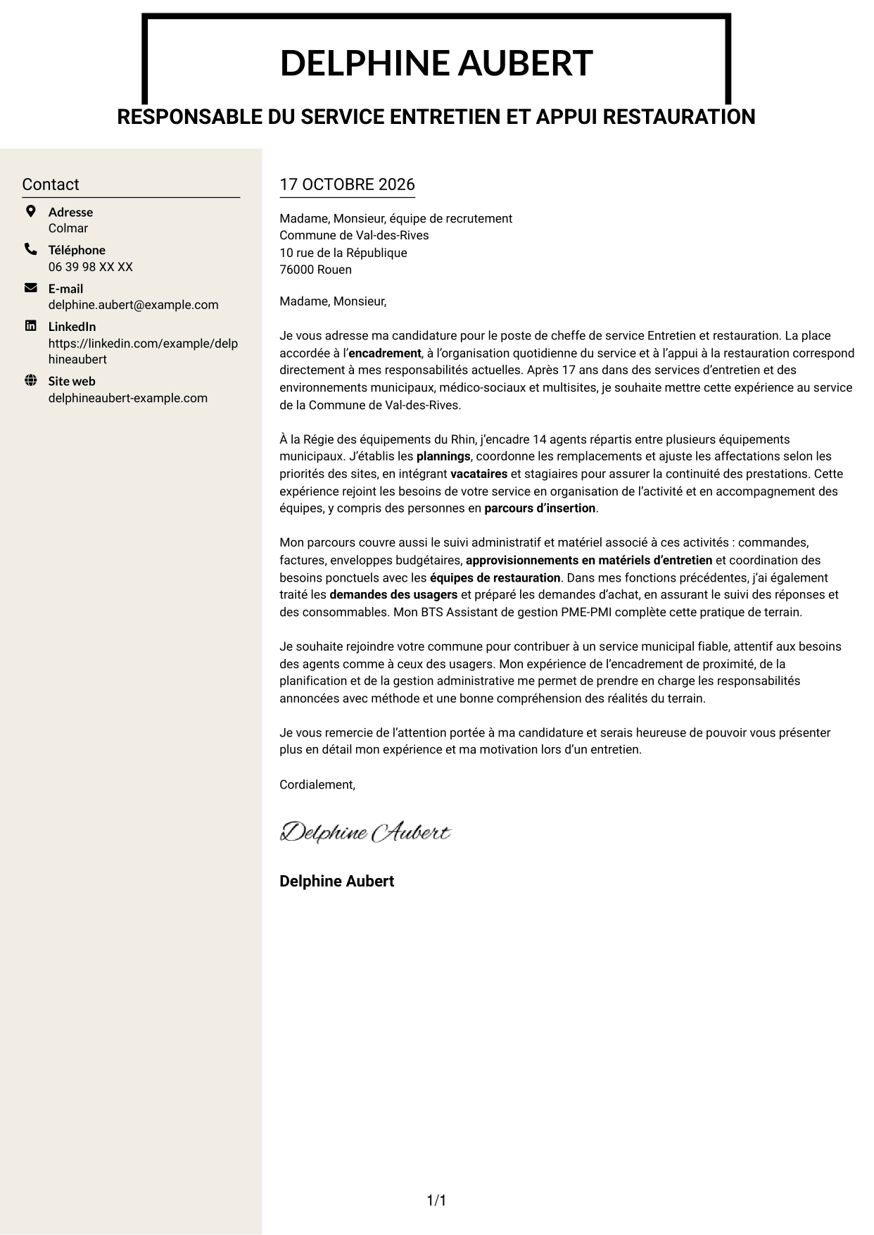 Lettre de motivation Fonceur (format à deux colonnes avec en-tête centré sans photo) : Cheffe de service - Entretien et restauration, page 1