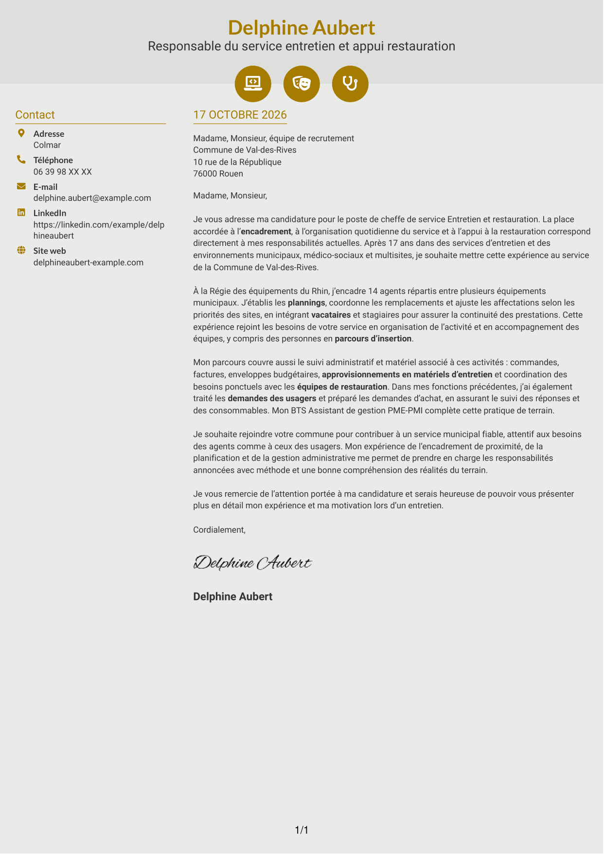 Lettre de motivation Dynamique (format à deux colonnes avec icônes) : Cheffe de service - Entretien et restauration, page 1