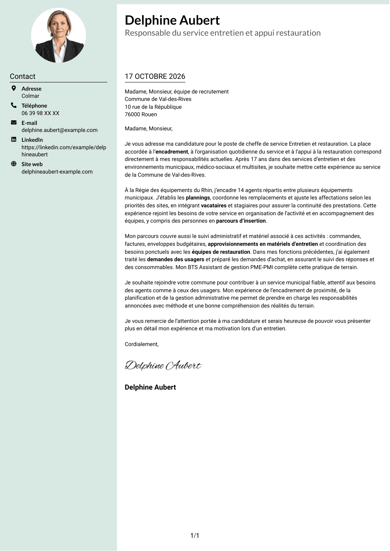 Lettre de motivation Cadre (format à colonne latérale douce avec photo arrondie) : Cheffe de service - Entretien et restauration, page 1