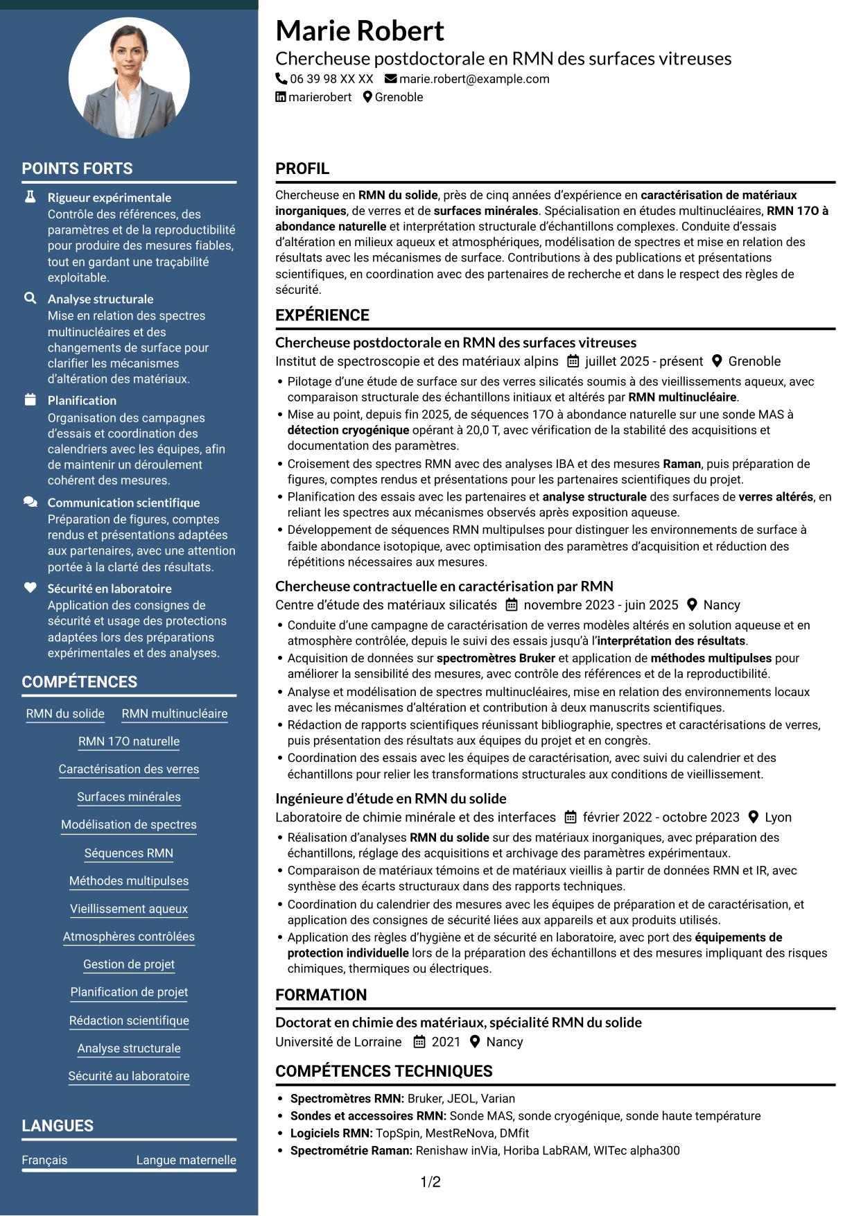 CV Élégant (format à colonne latérale colorée avec photo) : Chercheur en RMN du solide - Développement de la RMN 17O à abondance naturelle, page 1