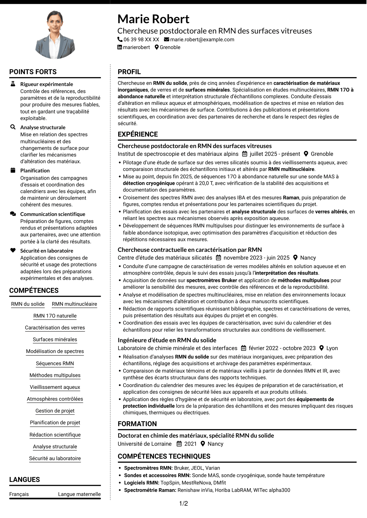 CV Moderne (format à deux colonnes avec photo à gauche et séparateur) : Chercheur en RMN du solide - Développement de la RMN 17O à abondance naturelle, page 1