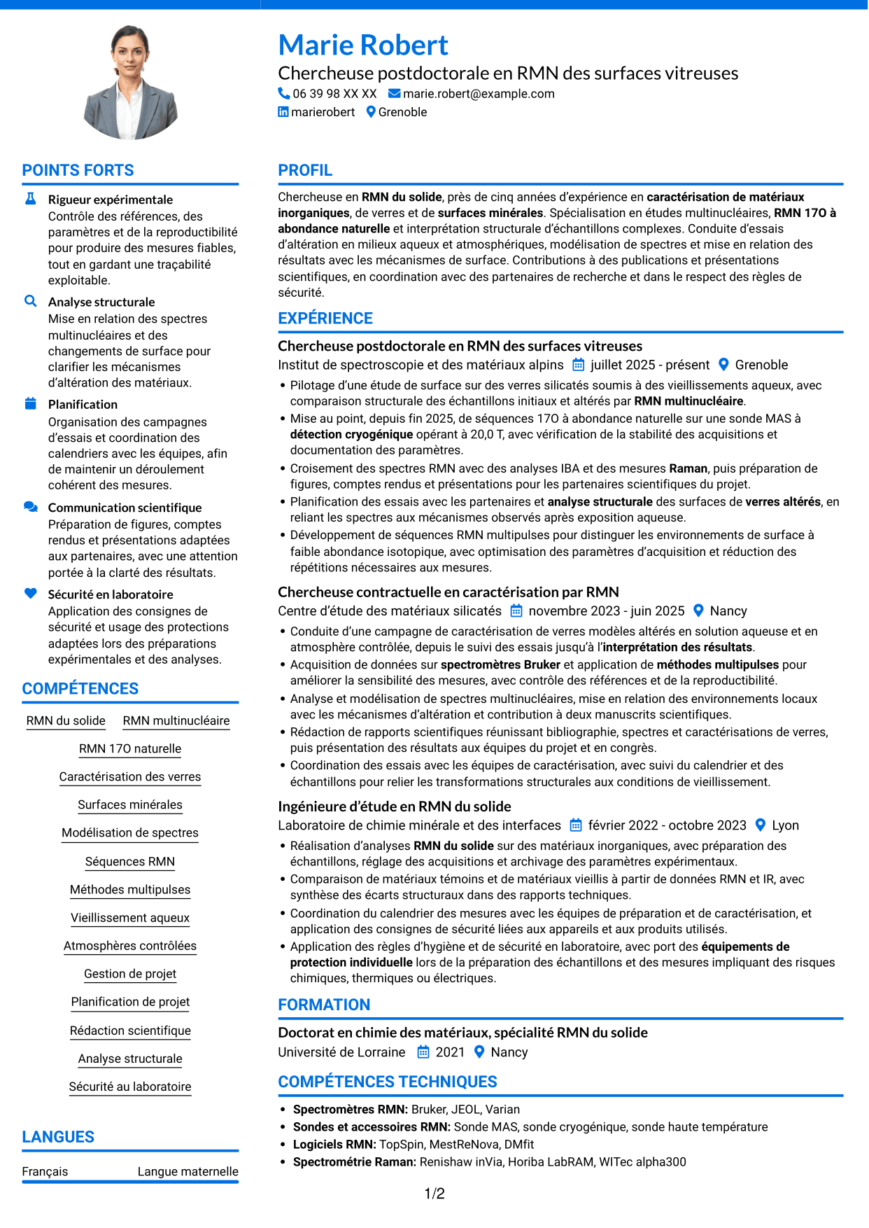 CV Audacieux (format à deux colonnes avec accents colorés et photo) : Chercheur en RMN du solide - Développement de la RMN 17O à abondance naturelle, page 1