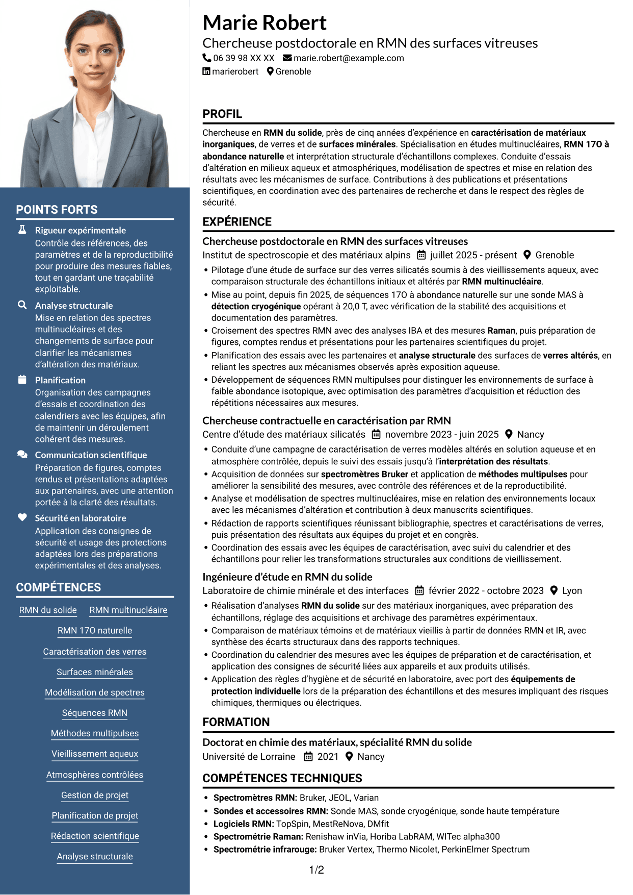CV Signature (format à colonne latérale colorée avec grande photo) : Chercheur en RMN du solide - Développement de la RMN 17O à abondance naturelle, page 1