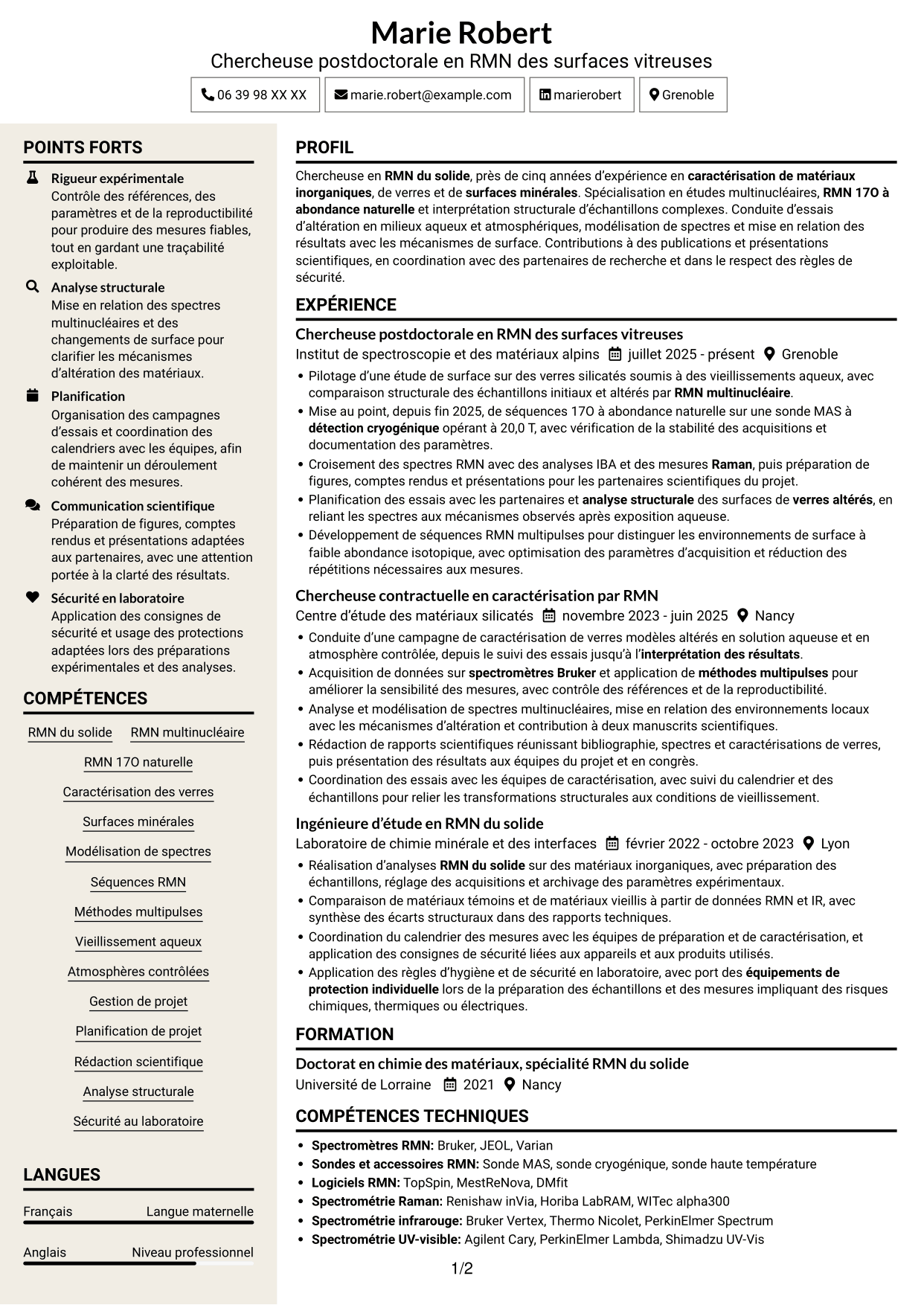 CV Fonceur (format à deux colonnes avec en-tête centré sans photo) : Chercheur en RMN du solide - Développement de la RMN 17O à abondance naturelle, page 1