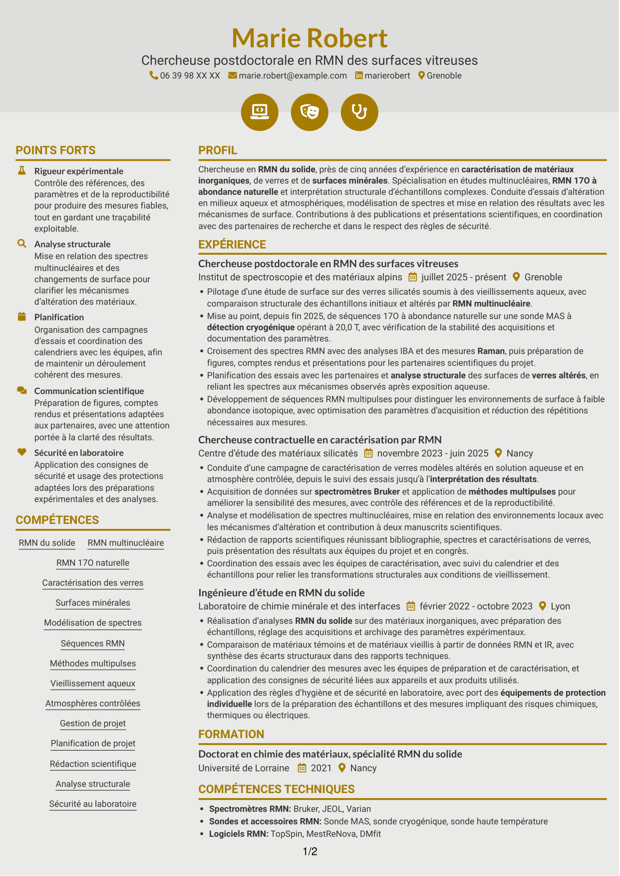 CV Dynamique (format à deux colonnes avec icônes) : Chercheur en RMN du solide - Développement de la RMN 17O à abondance naturelle, page 1