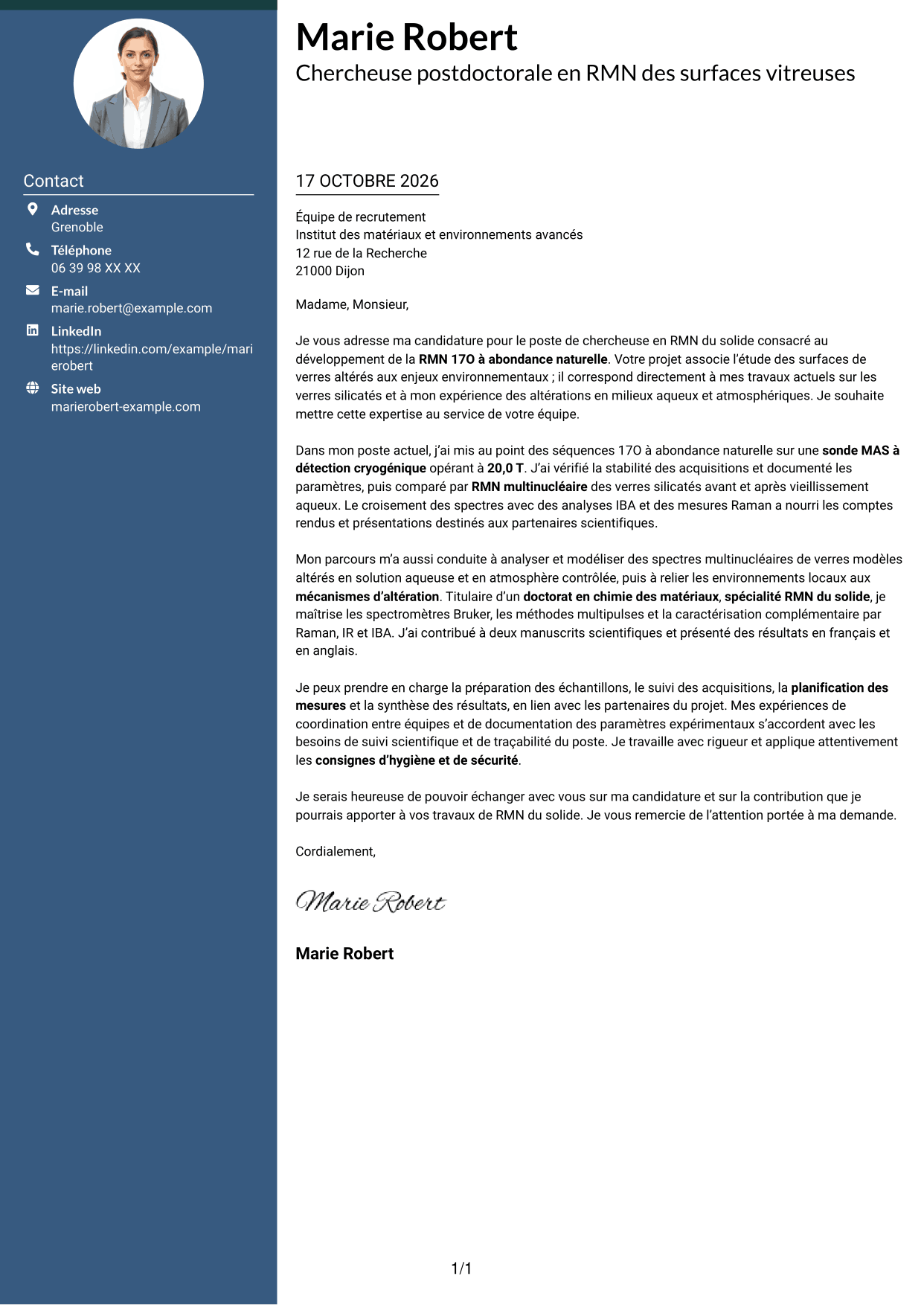 Lettre de motivation Élégant (format à colonne latérale colorée avec photo) : Chercheur en RMN du solide - Développement de la RMN 17O à abondance naturelle, page 1