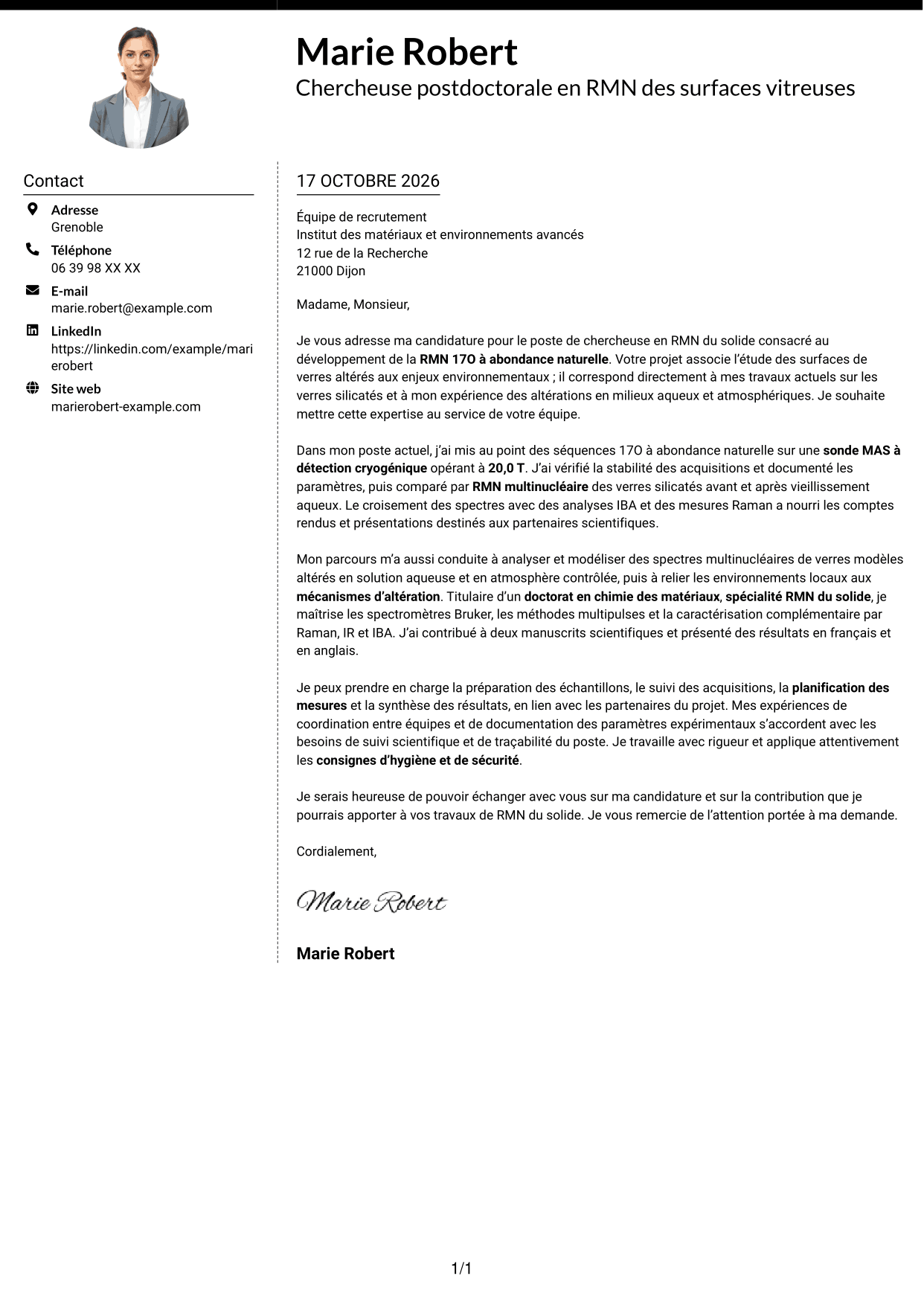 Lettre de motivation Moderne (format à deux colonnes avec photo à gauche et séparateur) : Chercheur en RMN du solide - Développement de la RMN 17O à abondance naturelle, page 1